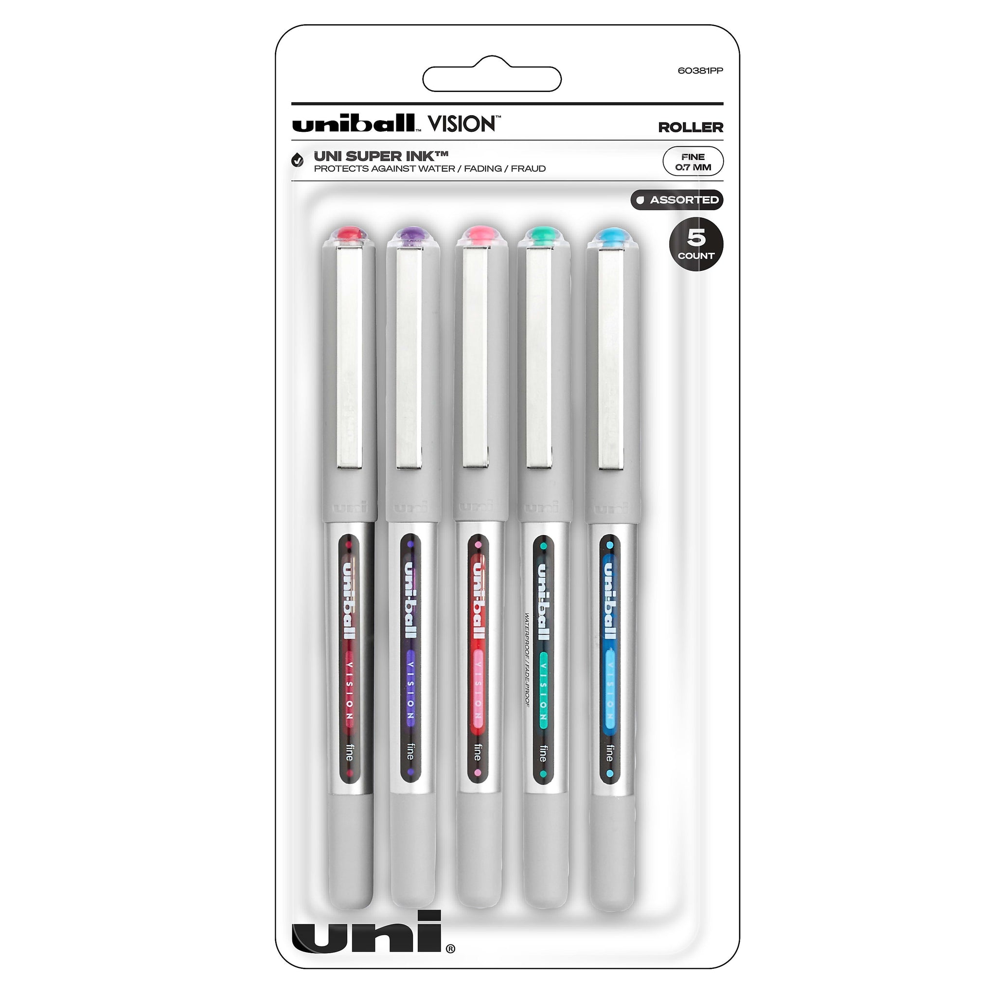 uni-ball VISION Rollerball Pens, Fine Point, Assorted Colors Ink, 5/Pack