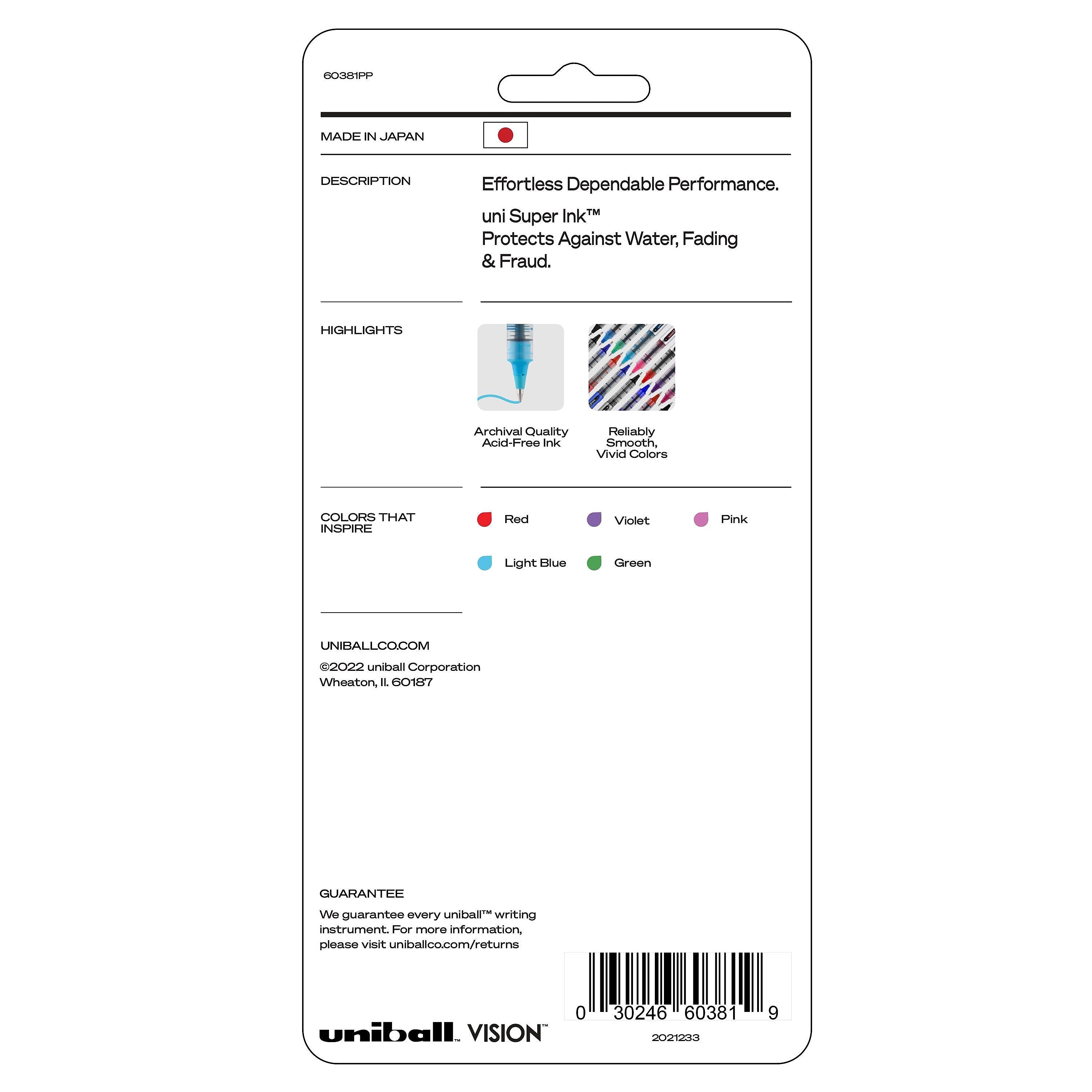 uni-ball VISION Rollerball Pens, Fine Point, Assorted Colors Ink, 5/Pack