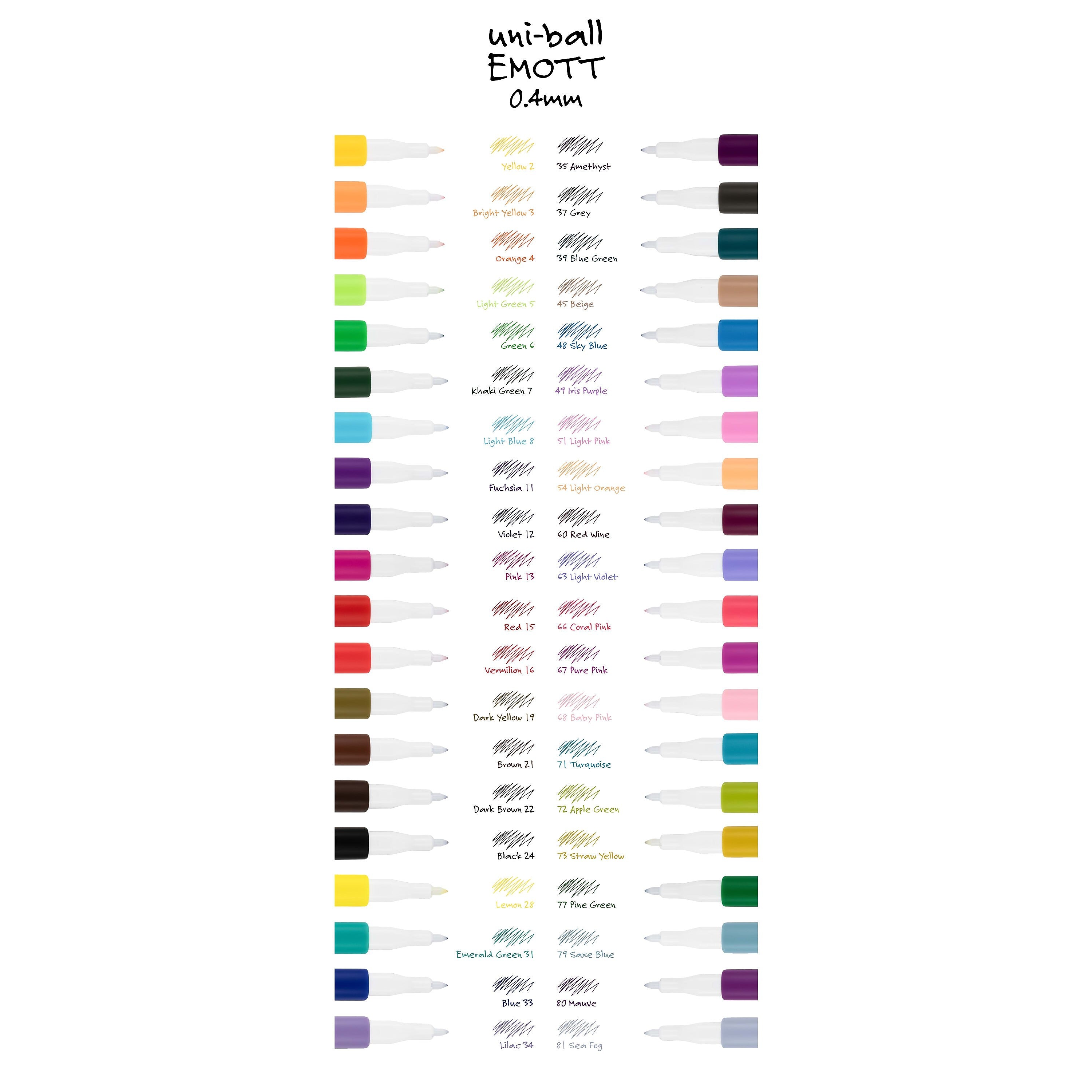 uni EMOTT Fine Line Marker Pens, Fine Point, 0.4mm, Assorted Inks, 10/Pack