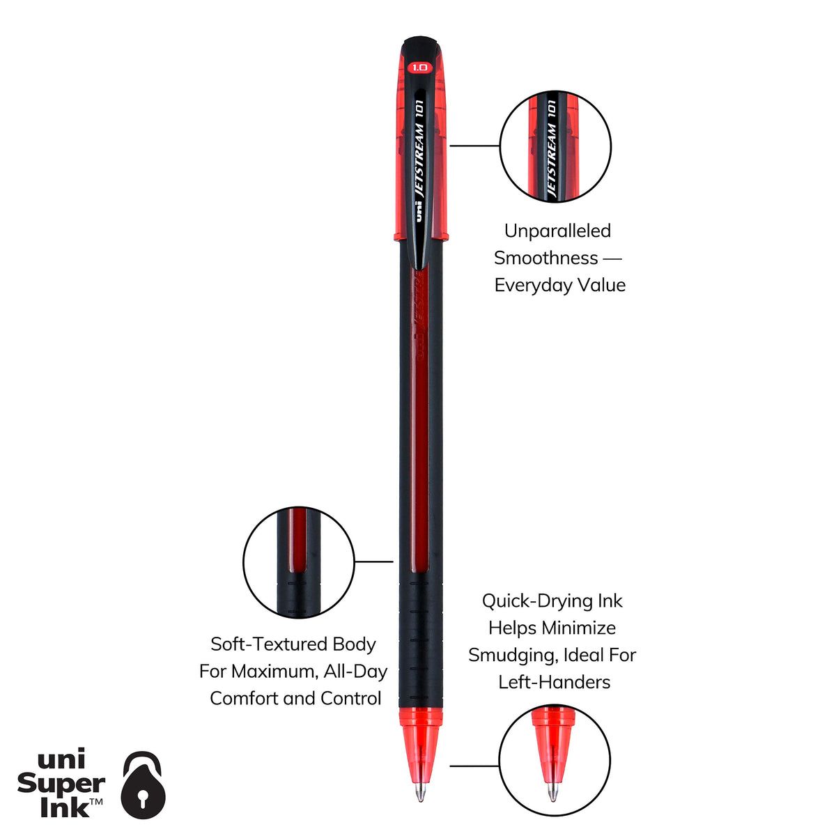 uni Jetstream 101 Ballpoint Pen, Medium Point, 1.0mm, Red Ink, Dozen