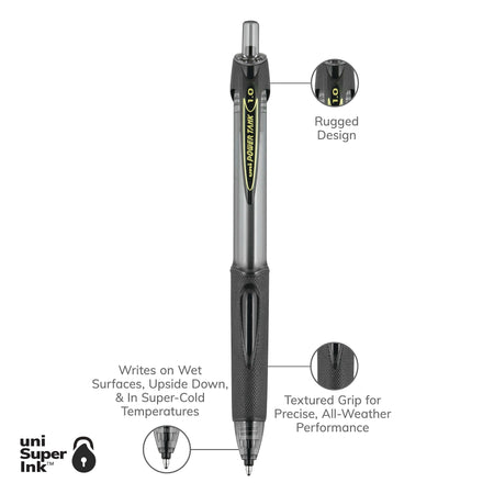 uni Power Tank RT Ballpoint Pens, Medium Point, 1.0mm, Black Ink, 12/Pack