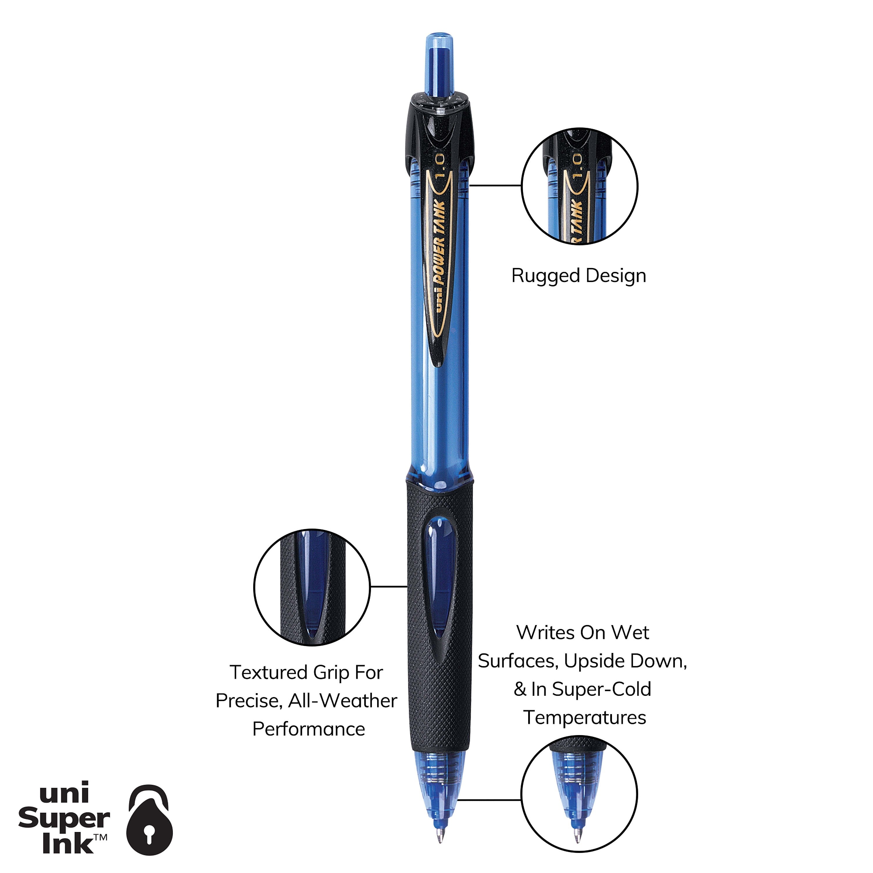 uni Power Tank RT Ballpoint Pens, Medium Point, 1.0mm, Blue Ink, 12/Pack