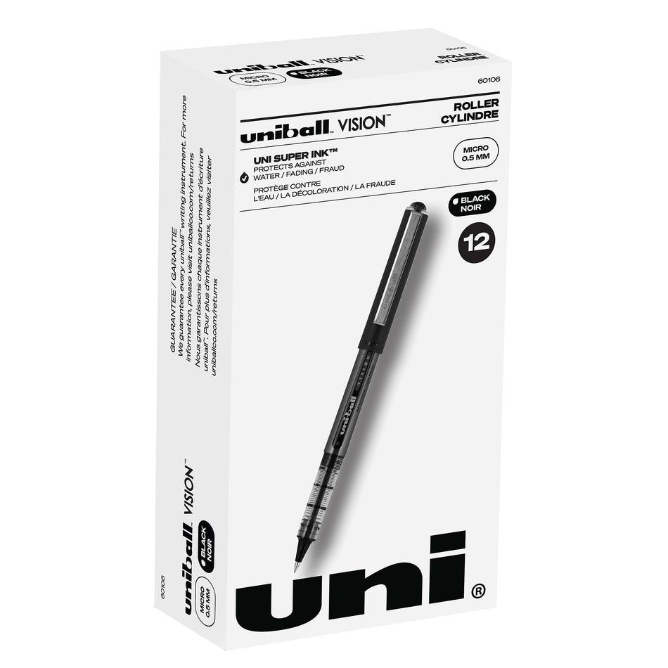 Uni Vision Rollerball Pen,Micro Point, Black Ink, Dozen