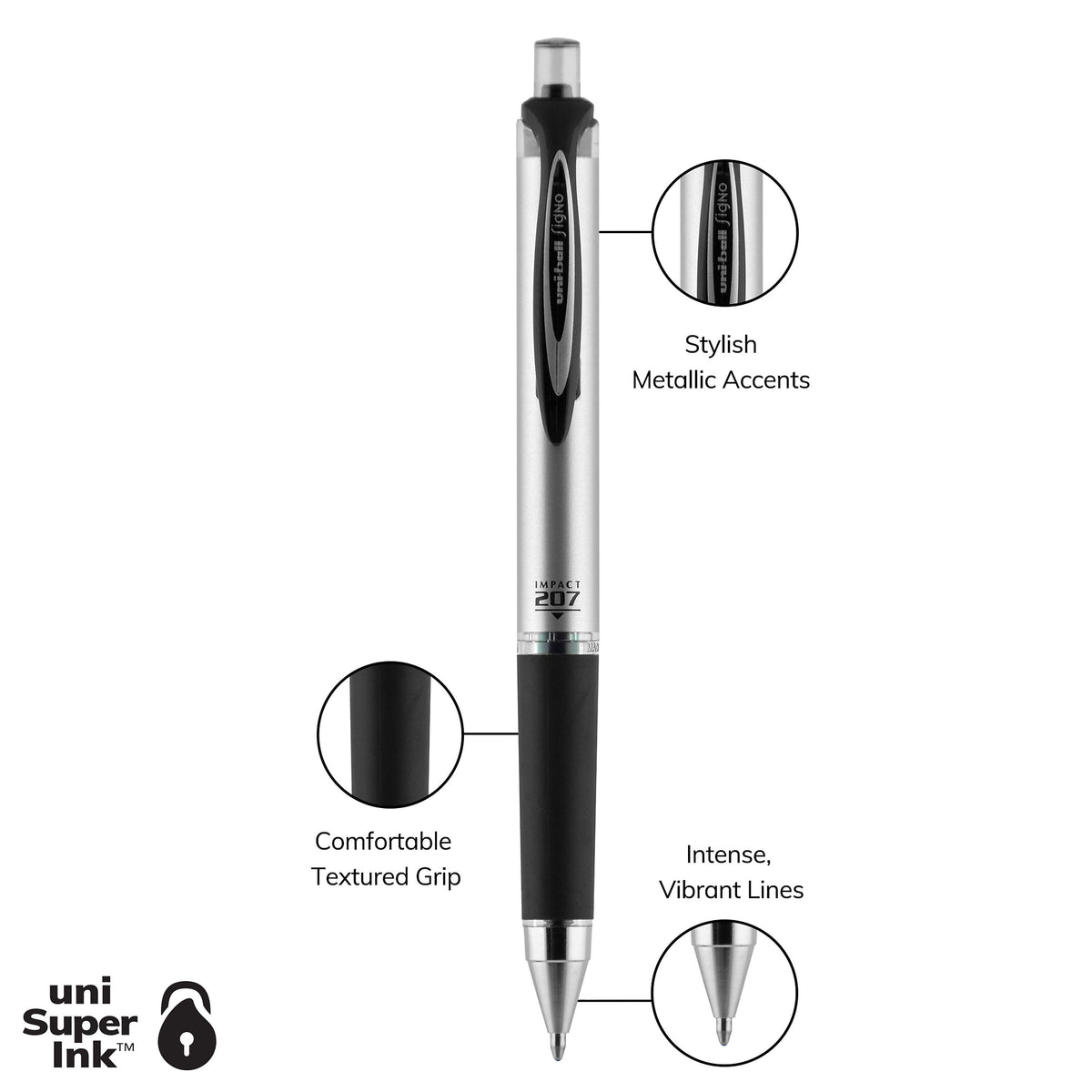 uniball 207 Impact RT Retractable Gel Pens, Bold Point, 1.0mm, Black Ink