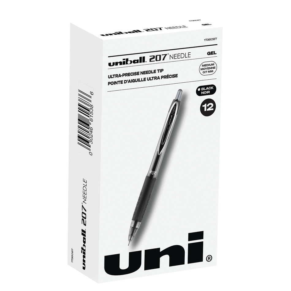 uniball 207 Needle Retractable Gel Pens, Medium Point, 0.7mm, Black Ink, Dozen