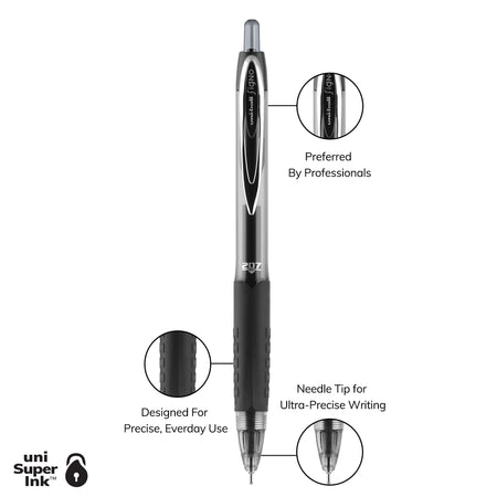 uniball 207 Needle Retractable Gel Pens, Medium Point, 0.7mm, Black Ink, Dozen