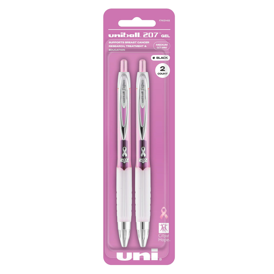 uniball 207 Pink Ribbon Retractable Gel Pens, Medium Point, 0.7mm, Black, 2/Pack