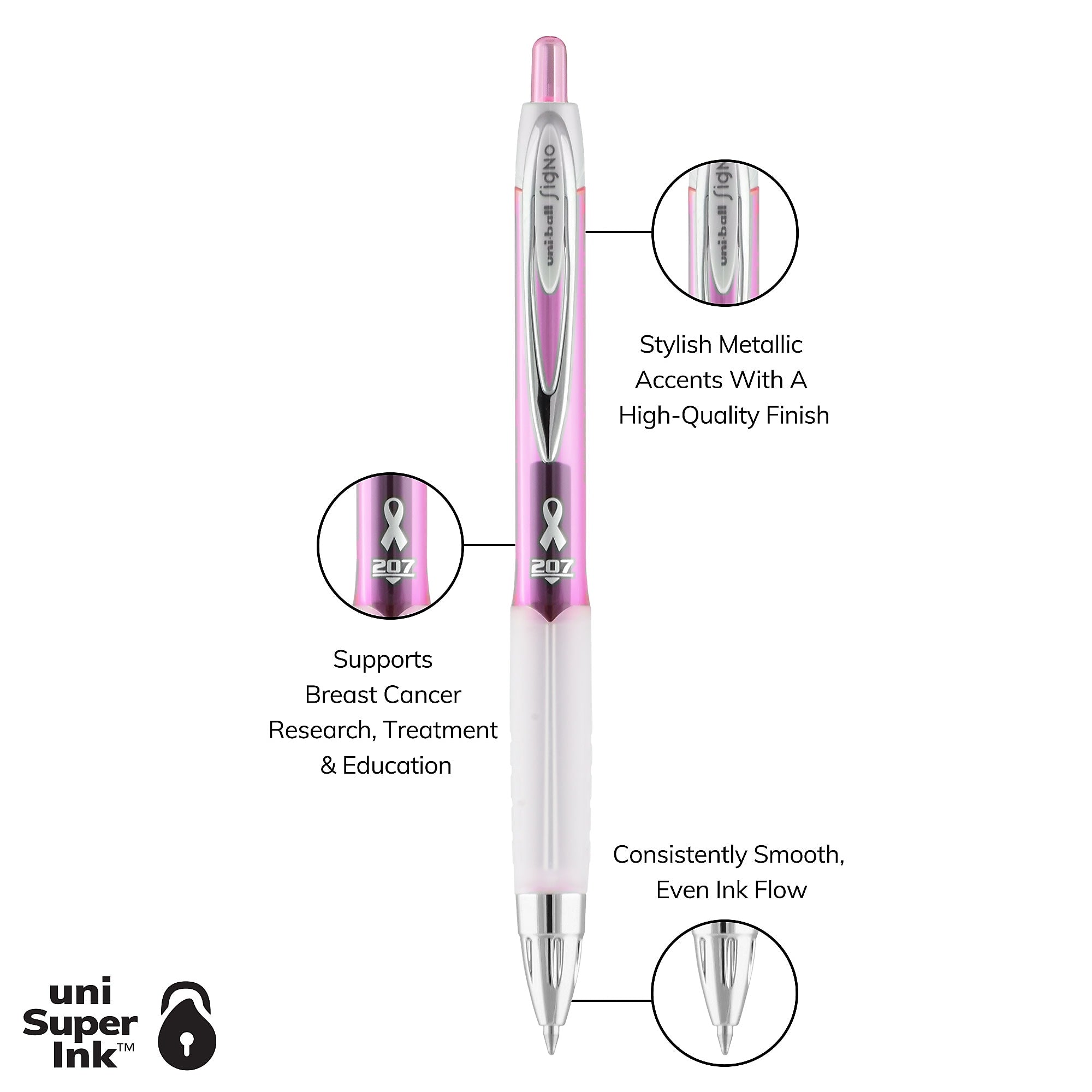 uniball 207 Pink Ribbon Retractable Gel Pens, Medium Point, 0.7mm, Black, 2/Pack
