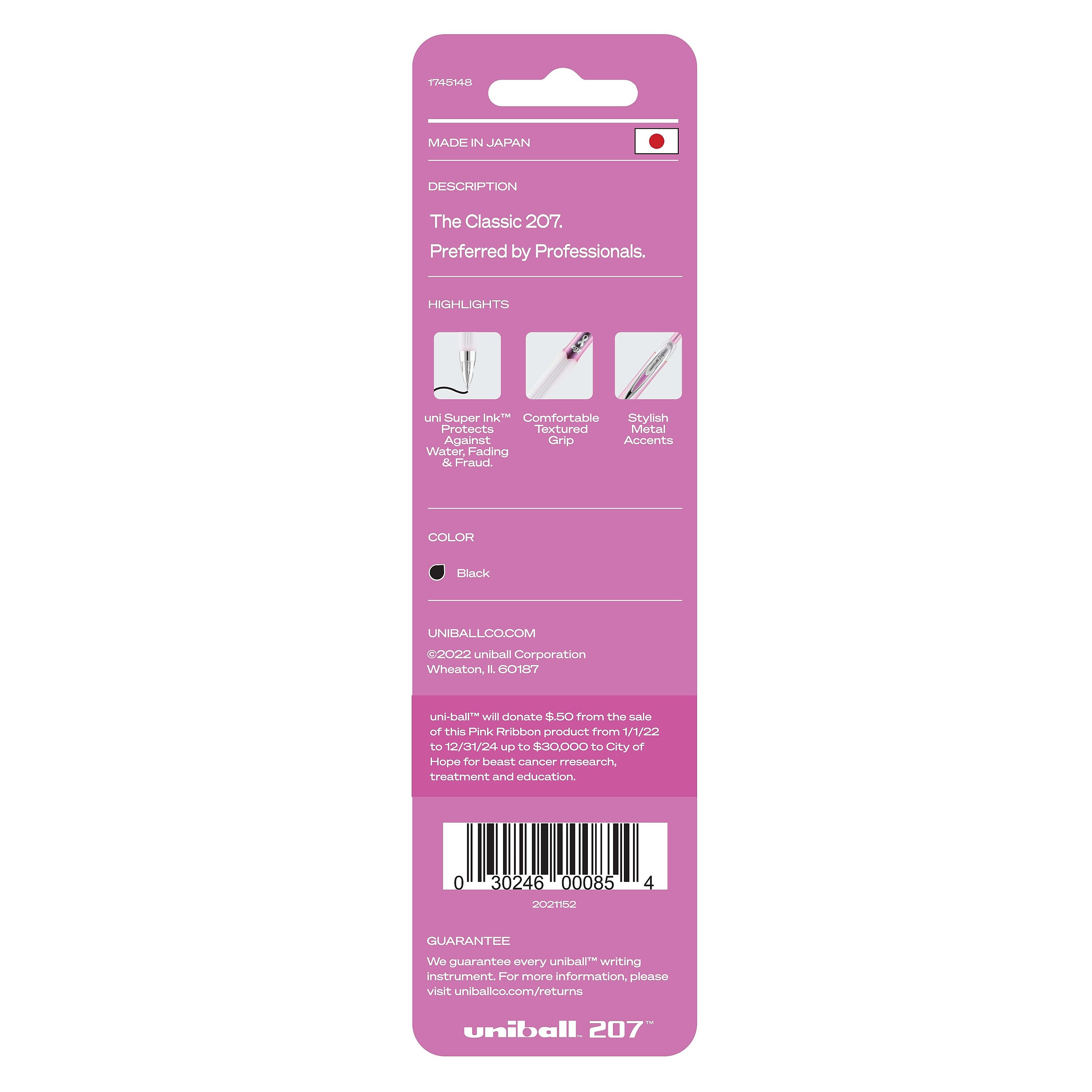 uniball 207 Pink Ribbon Retractable Gel Pens, Medium Point, 0.7mm, Black, 2/Pack