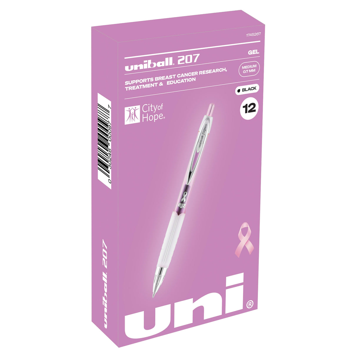 uniball 207 Pink Ribbon Retractable Gel Pens, Medium Point, 0.7mm, Black Ink, Dozen