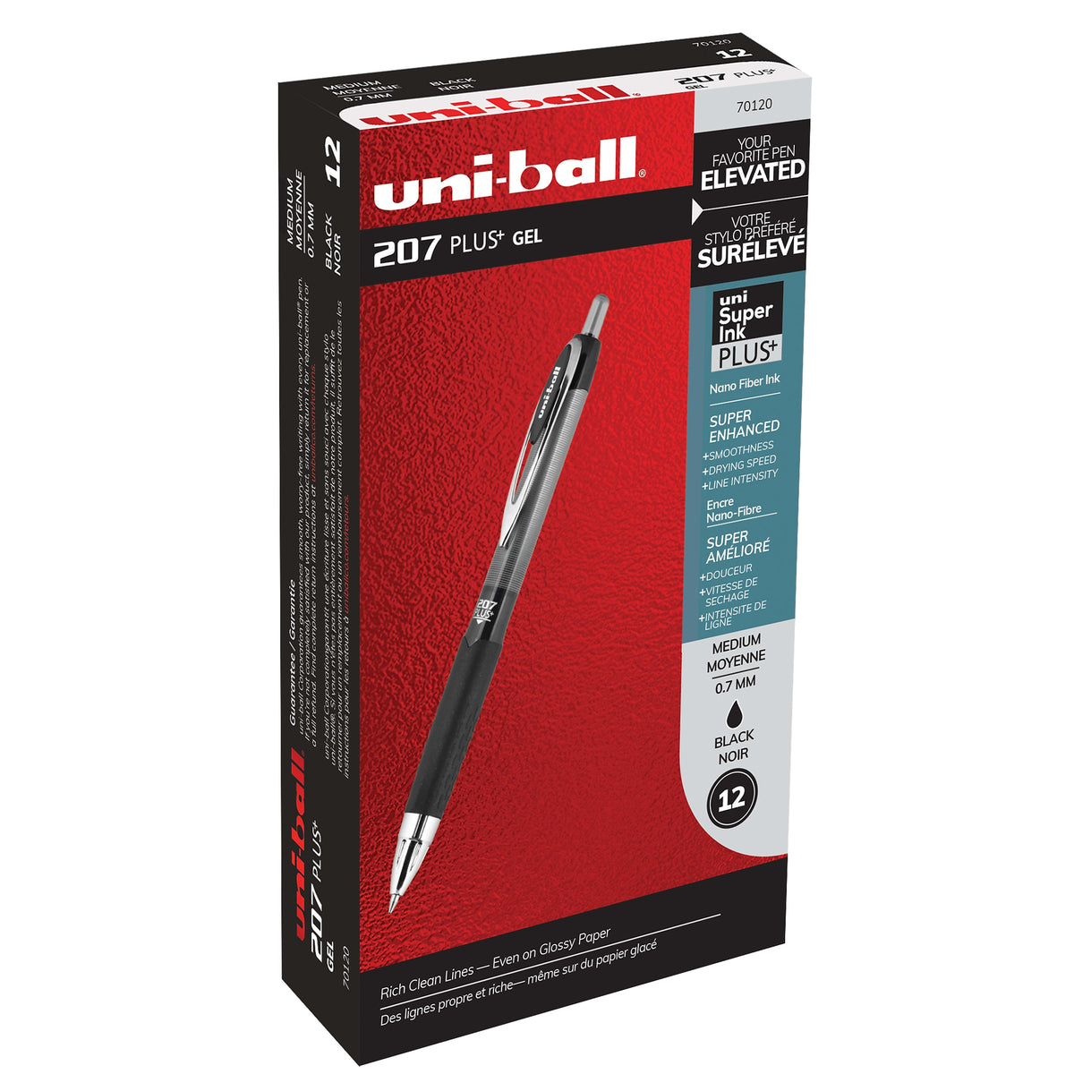 uniball 207 Plus+ Retractable Gel Pens, Medium Point, 0.7mm, Black Ink, Dozen