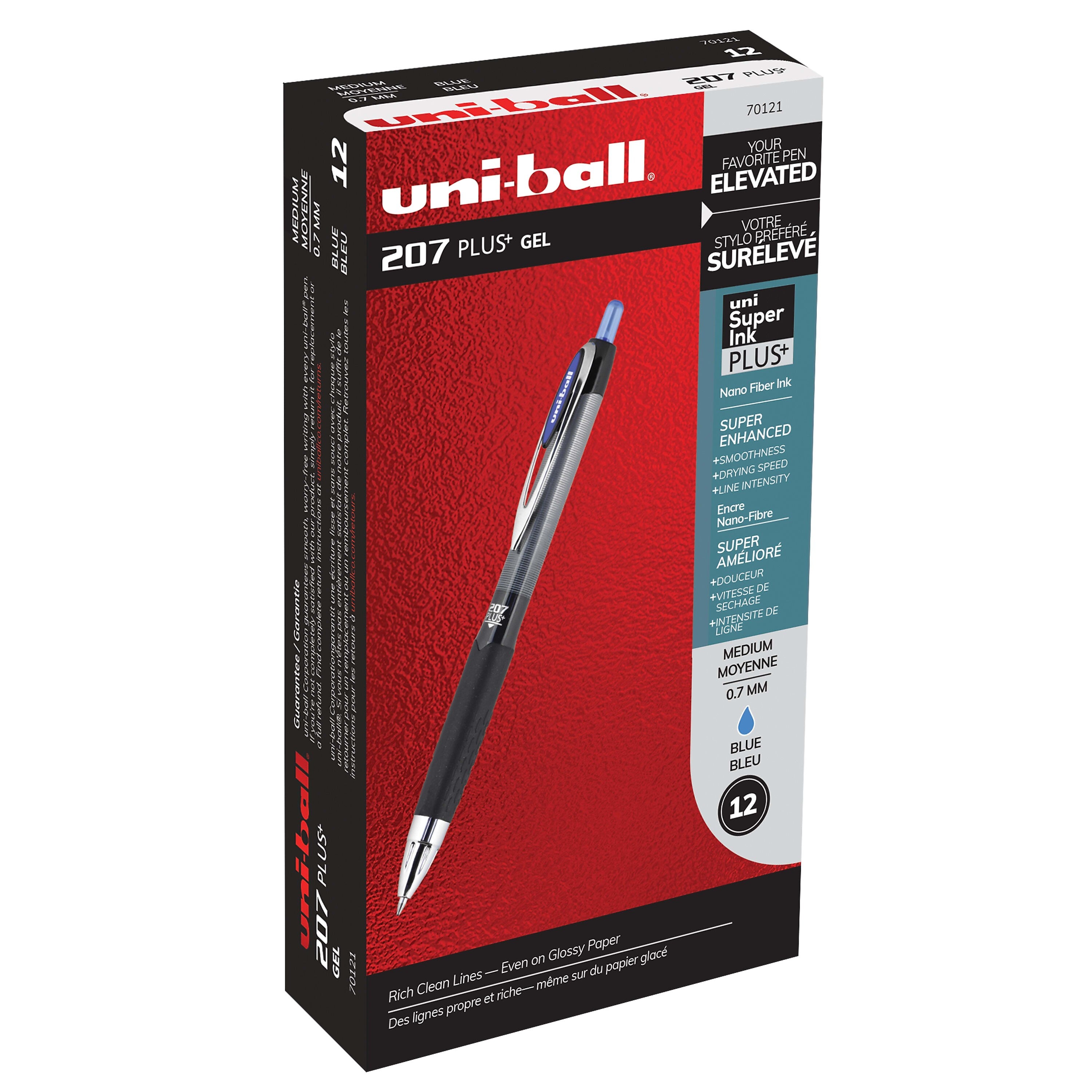 uniball 207 Plus+ Retractable Gel Pens, Medium Point, 0.7mm, Blue Ink, Dozen