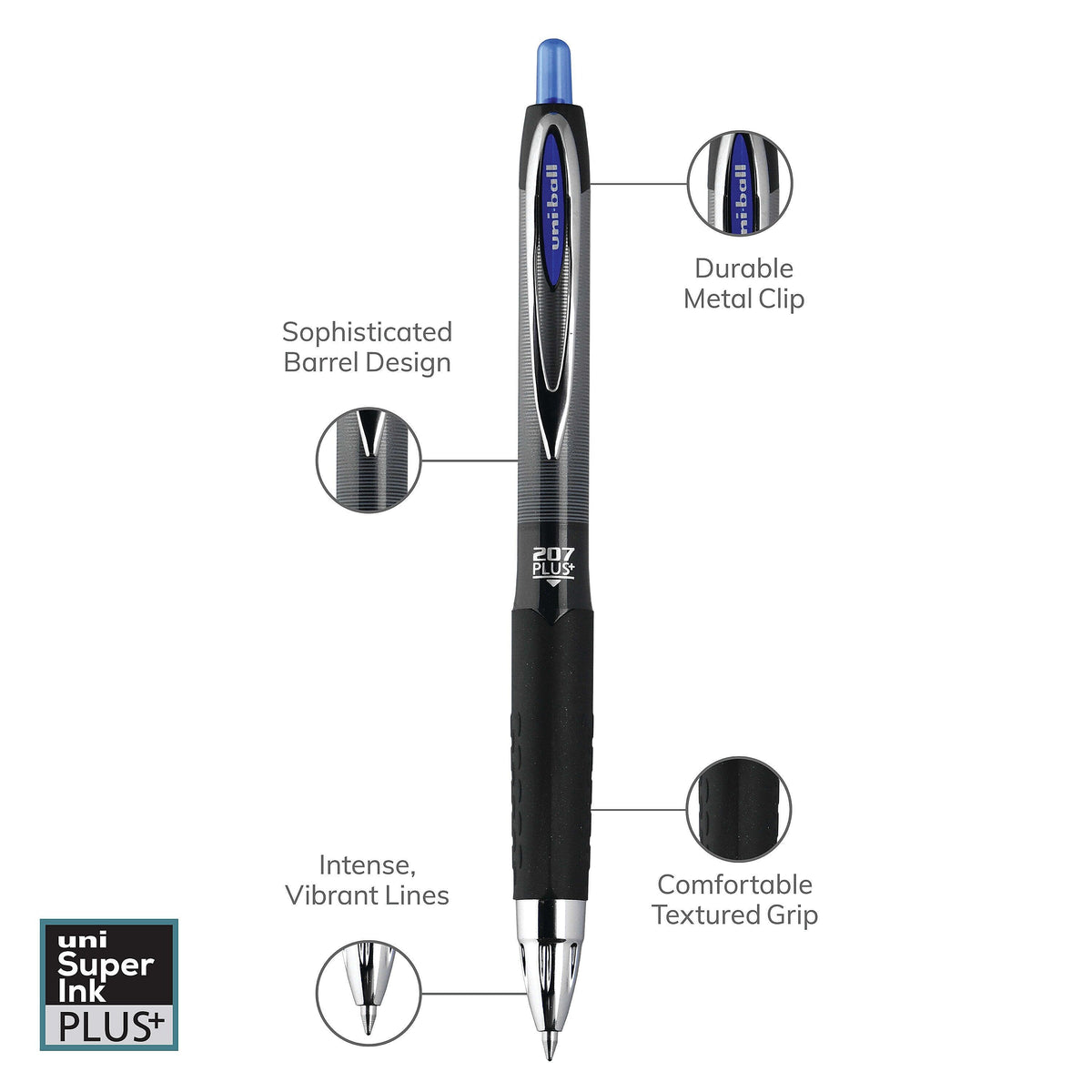 uniball 207 Plus+ Retractable Gel Pens, Medium Point, 0.7mm, Blue Ink, Dozen