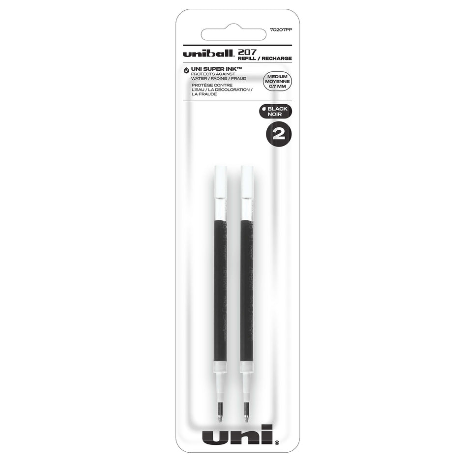 uniball 207 Retractable Gel Pen Refills, Medium Point, 0.7mm, Black Ink, 2/Pack