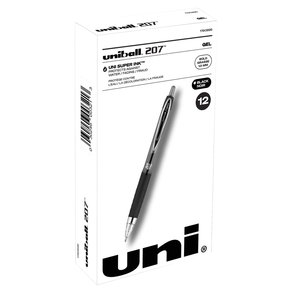 uniball 207 Retractable Gel Pens, Bold Point, 1.0mm, Black Ink, 12/Pack