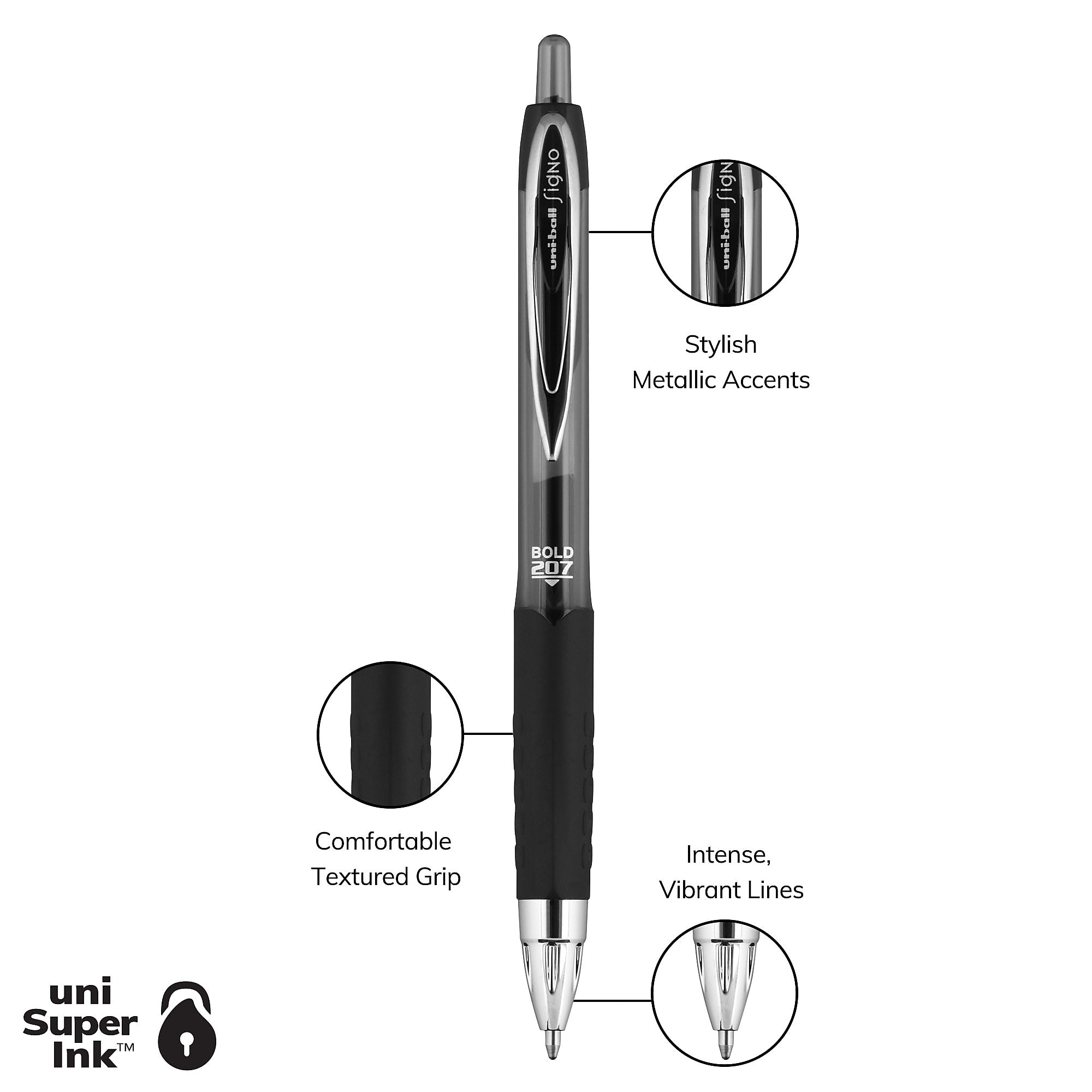 uniball 207 Retractable Gel Pens, Bold Point, 1.0mm, Black Ink, 12/Pack