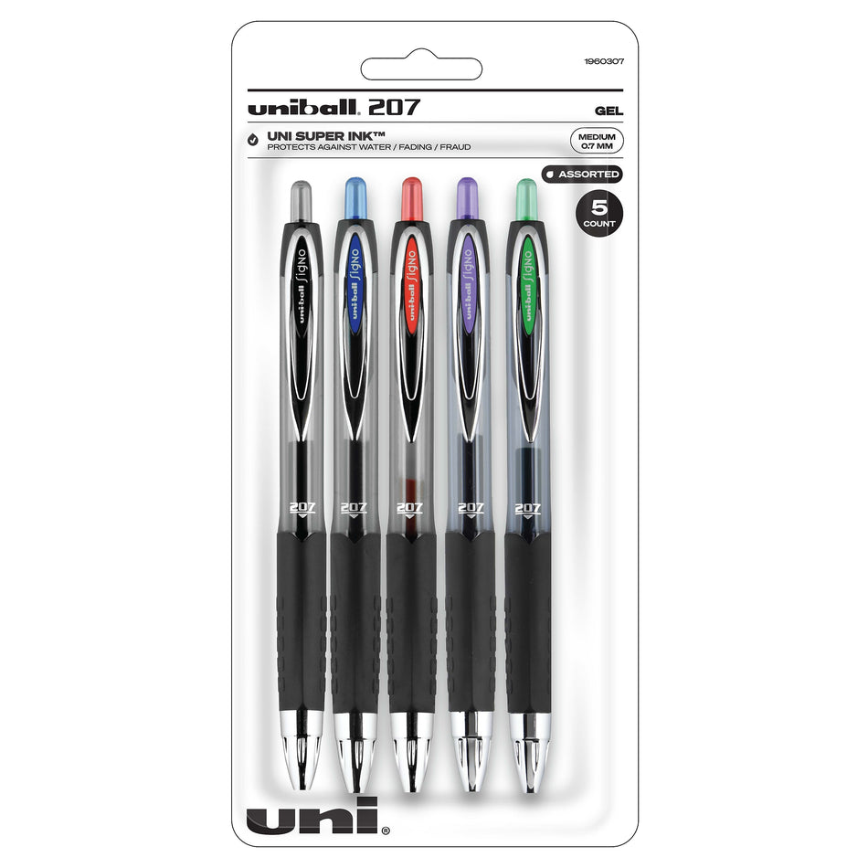 uniball 207 Retractable Gel Pens, Medium Point, 0.7mm, Assorted Ink, 5/Pack