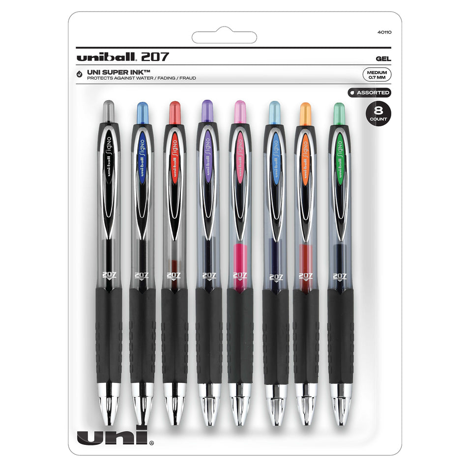 uniball 207 Retractable Gel Pens, Medium Point, 0.7mm, Assorted Ink, 8 Pack