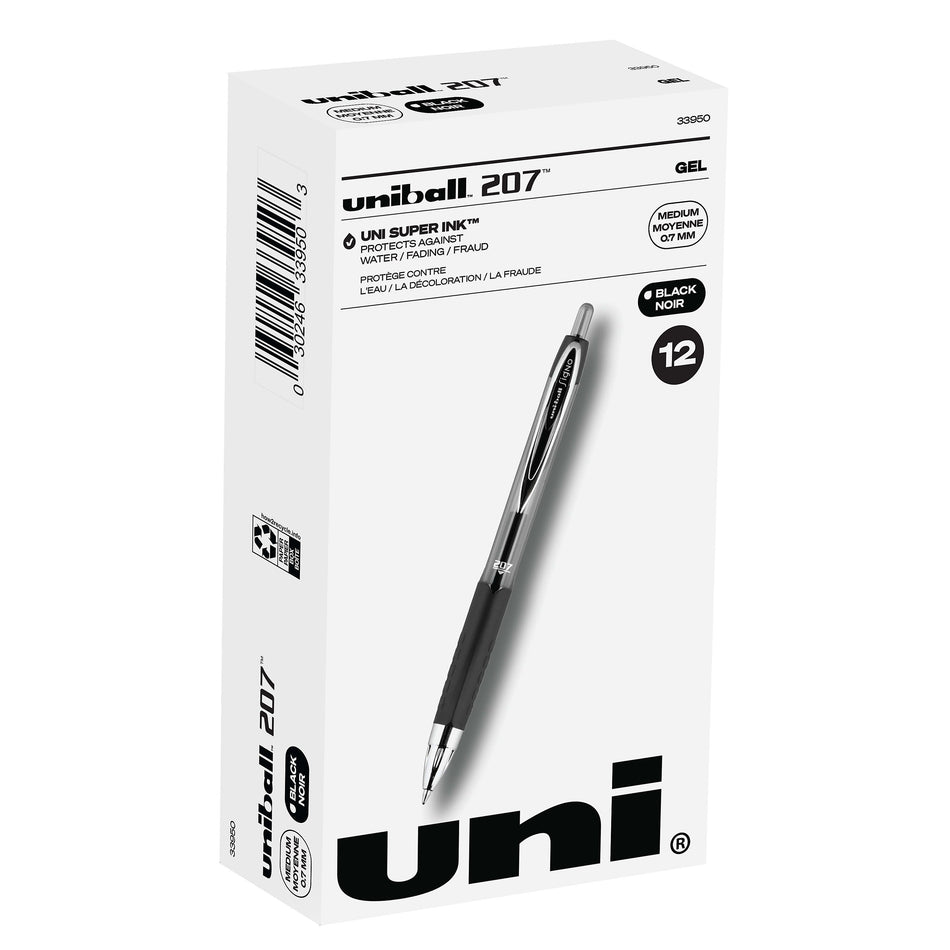 uniball 207 Retractable Gel Pens, Medium Point, 0.7mm, Black Ink, 12/Pack