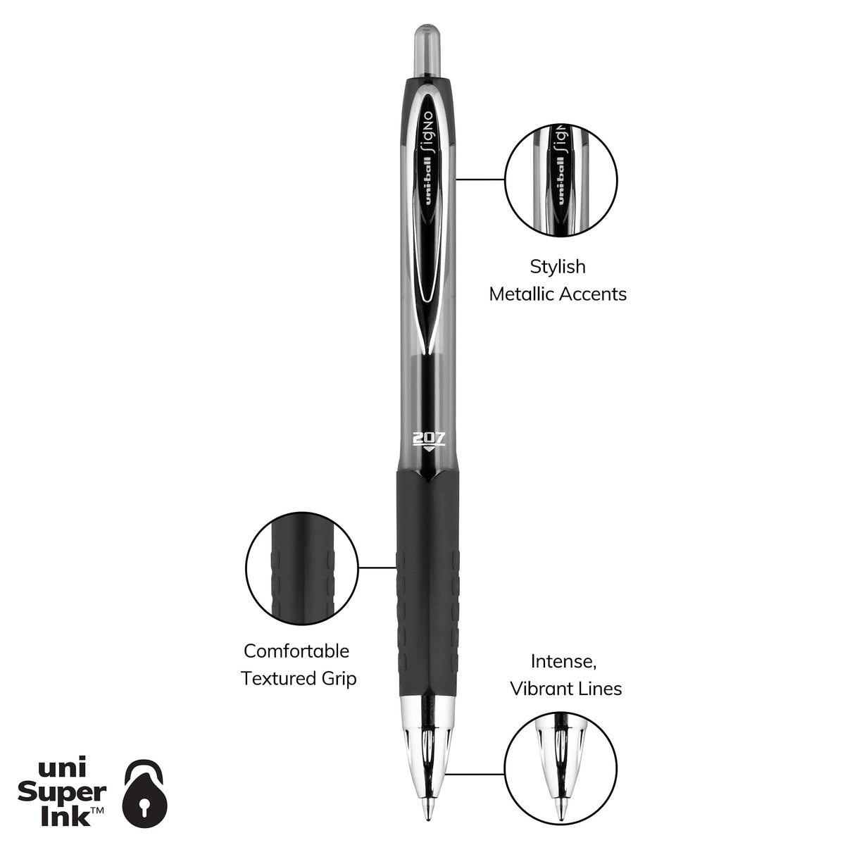 uniball 207 Retractable Gel Pens, Medium Point, 0.7mm, Black Ink, 36/Box