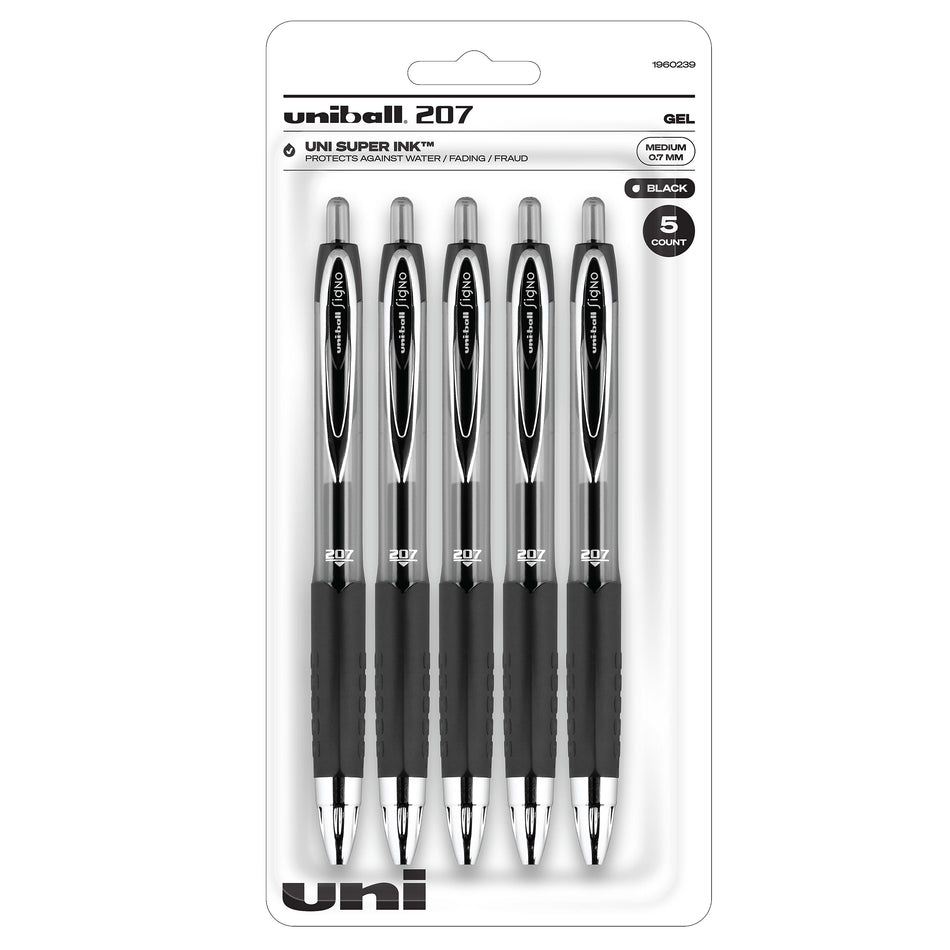 uniball 207 Retractable Gel Pens, Medium Point, 0.7mm, Black Ink, 5/Pack