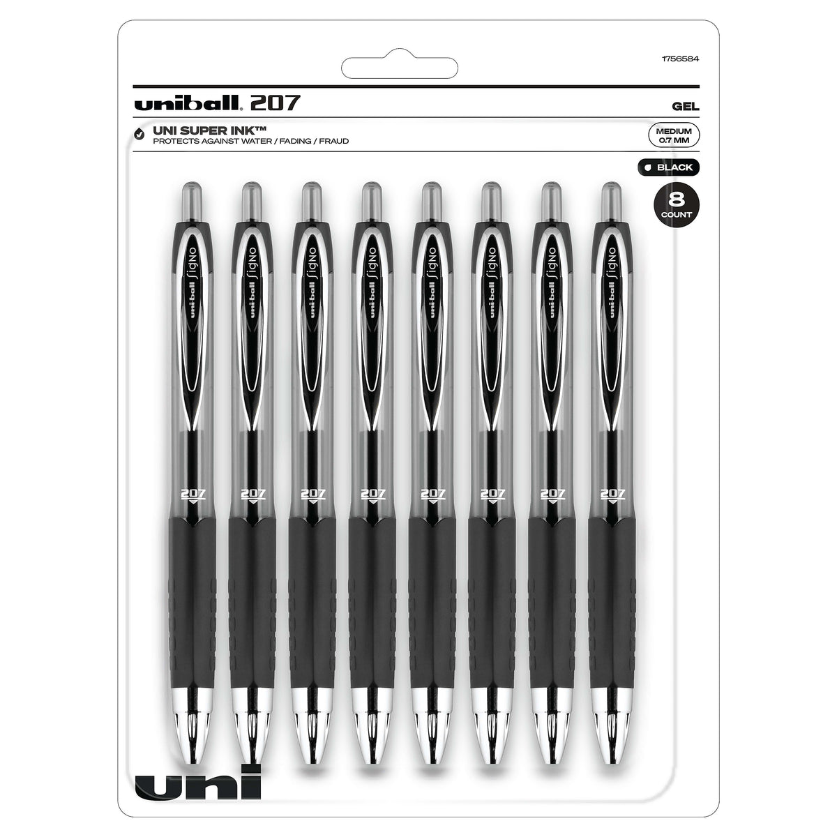 uniball 207 Retractable Gel Pens, Medium Point, 0.7mm, Black Ink, 8/Pack