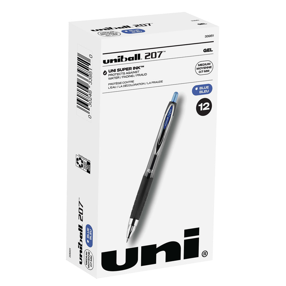 uniball 207 Retractable Gel Pens, Medium Point, 0.7mm, Blue Ink, 12/Pack