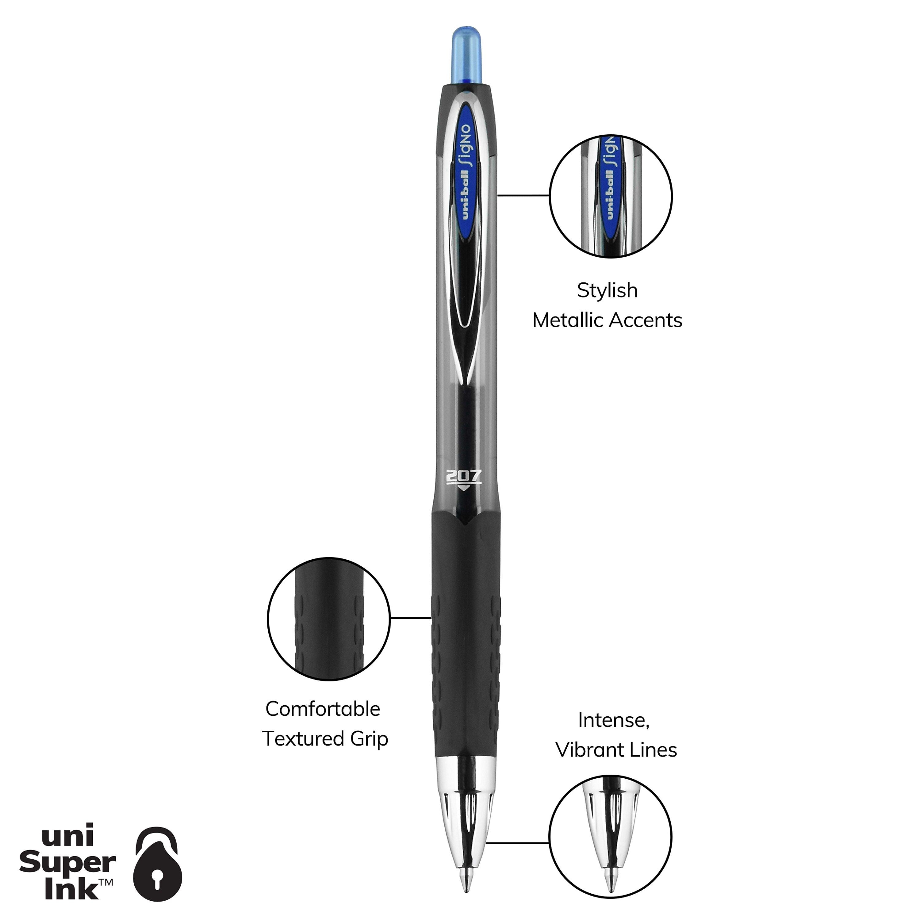 uniball 207 Retractable Gel Pens, Medium Point, 0.7mm, Blue Ink, 12/Pack