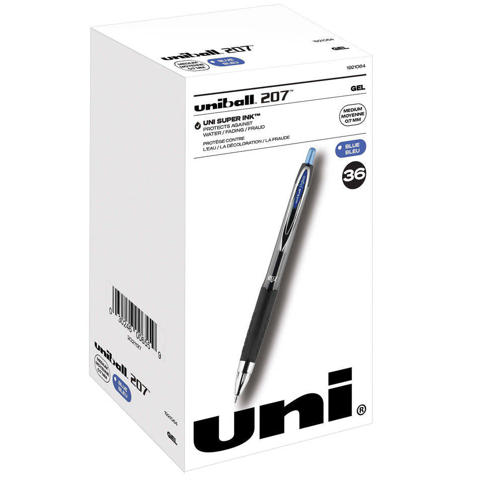 uniball 207 Retractable Gel Pens, Medium Point, 0.7mm, Blue Ink, 36/Pack