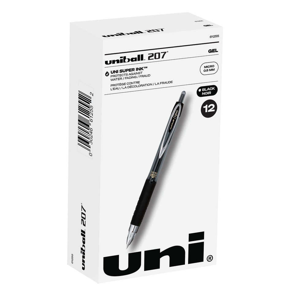 uniball 207 Retractable Gel Pens, Micro Point, 0.5mm, Black Ink, Dozen