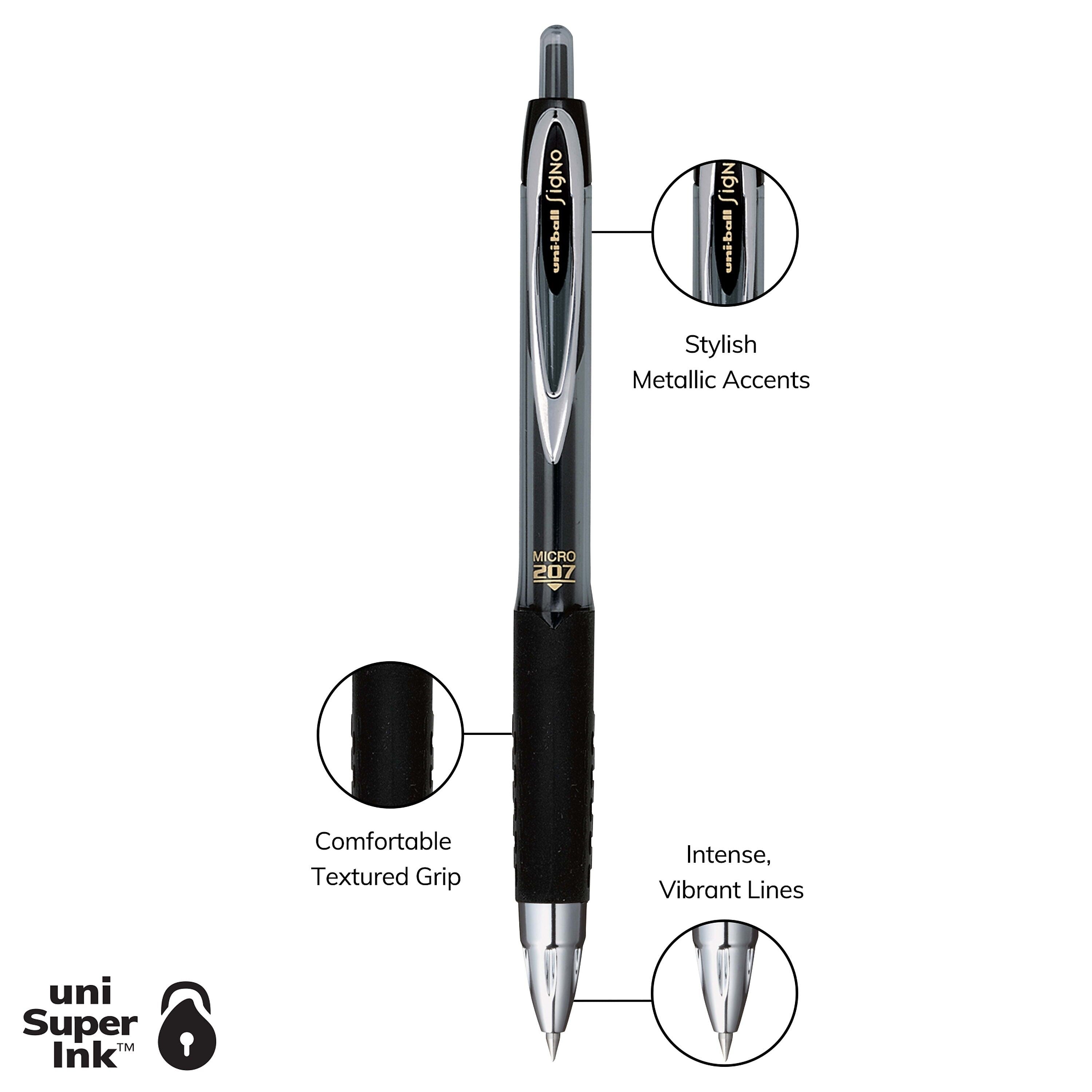 uniball 207 Retractable Gel Pens, Micro Point, 0.5mm, Black Ink, Dozen