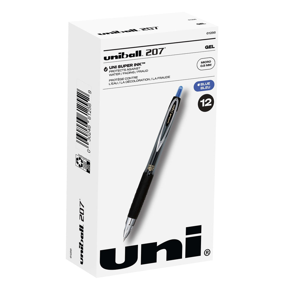 uniball 207 Retractable Gel Pens, Micro Point, 0.5mm, Blue Ink, 12/Pack