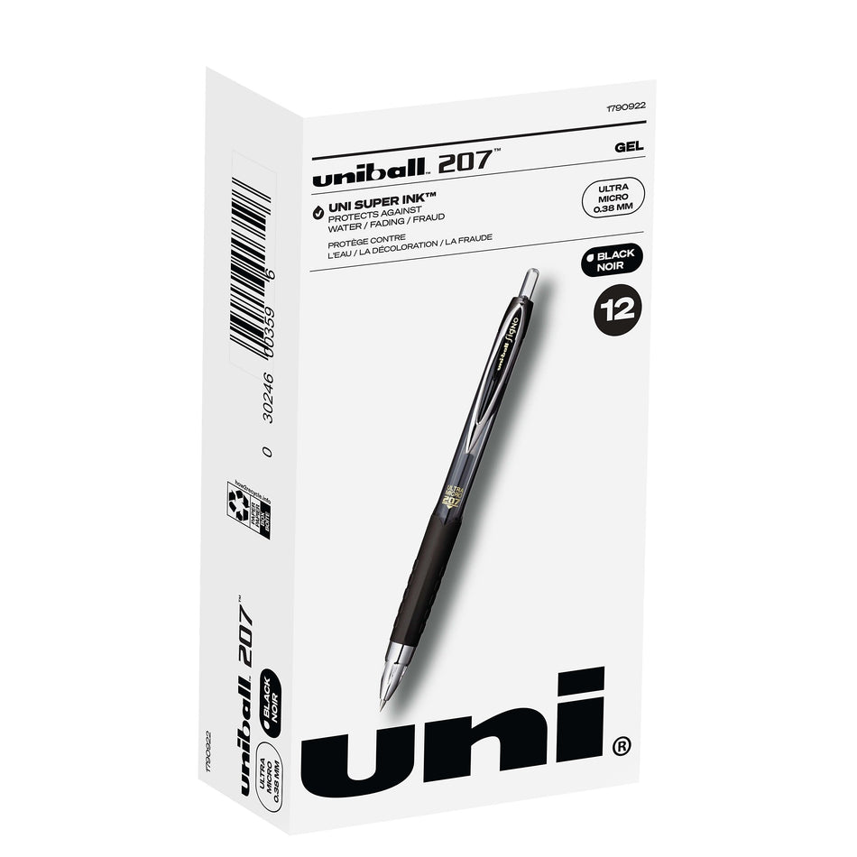 uniball 207 Retractable Gel Pens, Ultra Micro Point, 0.38mm, Black Ink, Dozen