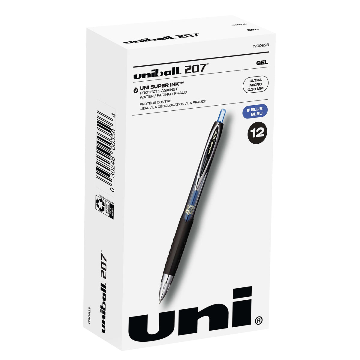 uniball 207 Retractable Gel Pens, Ultra Micro Point, 0.38mm, Blue Ink, 12/Pack