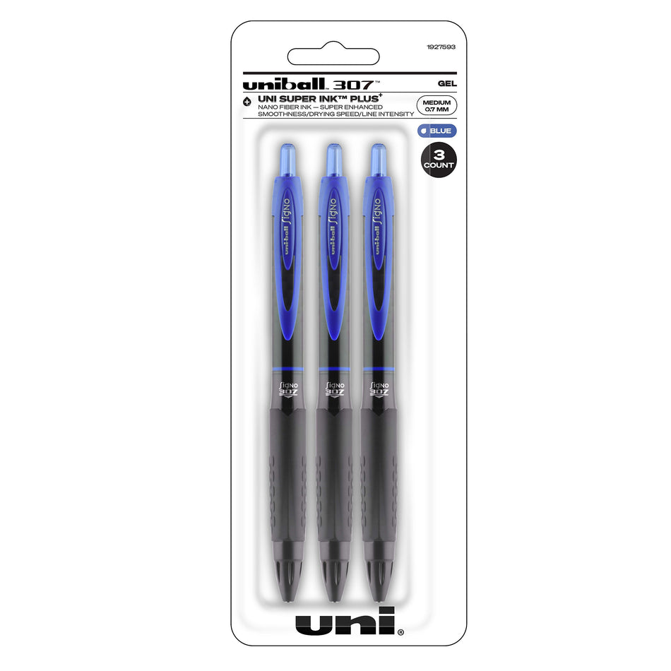 uniball 307 Retractable Gel Pens, Medium Point, 0.7mm, Blue Ink, 3/Pack