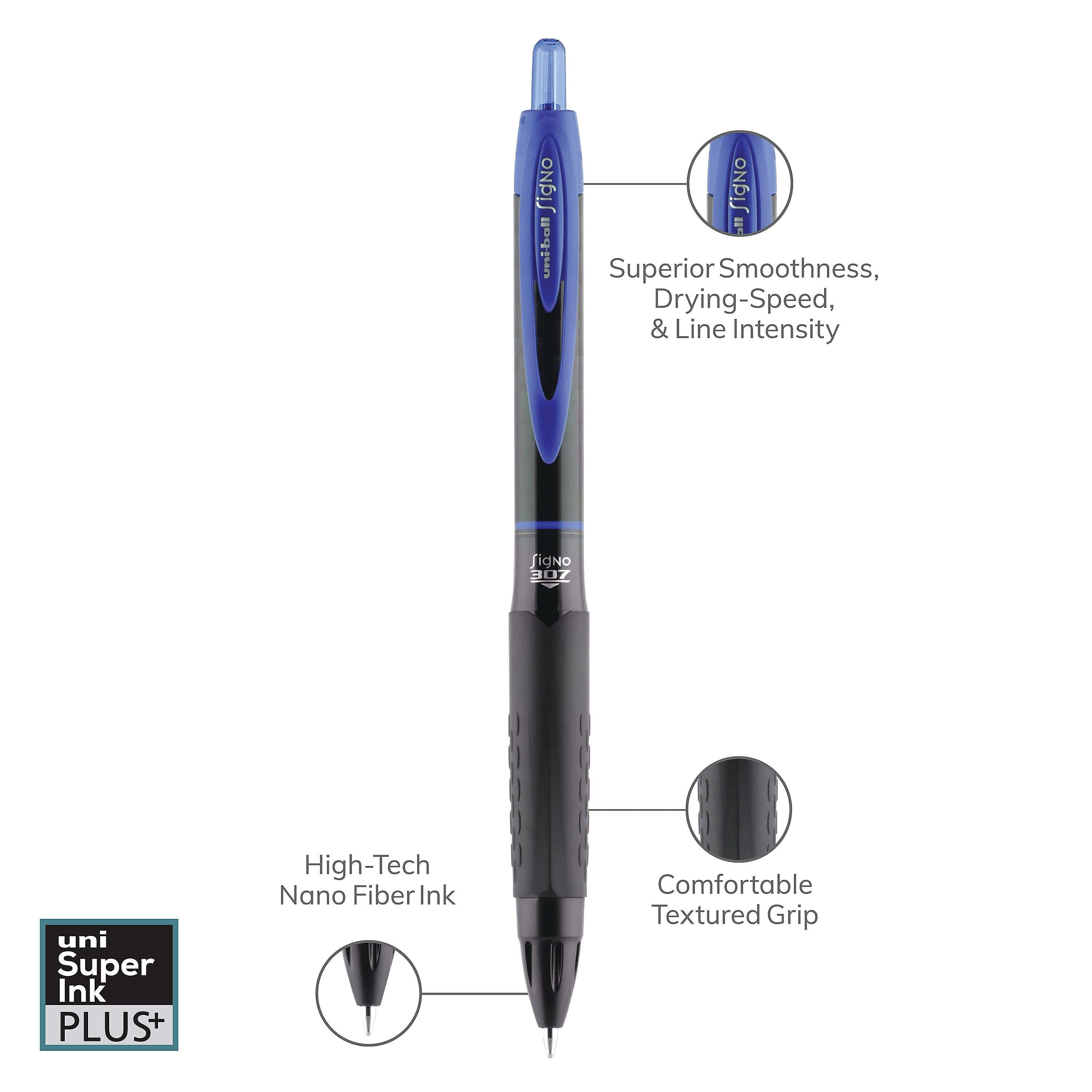 uniball 307 Retractable Gel Pens, Medium Point, 0.7mm, Blue Ink, 3/Pack