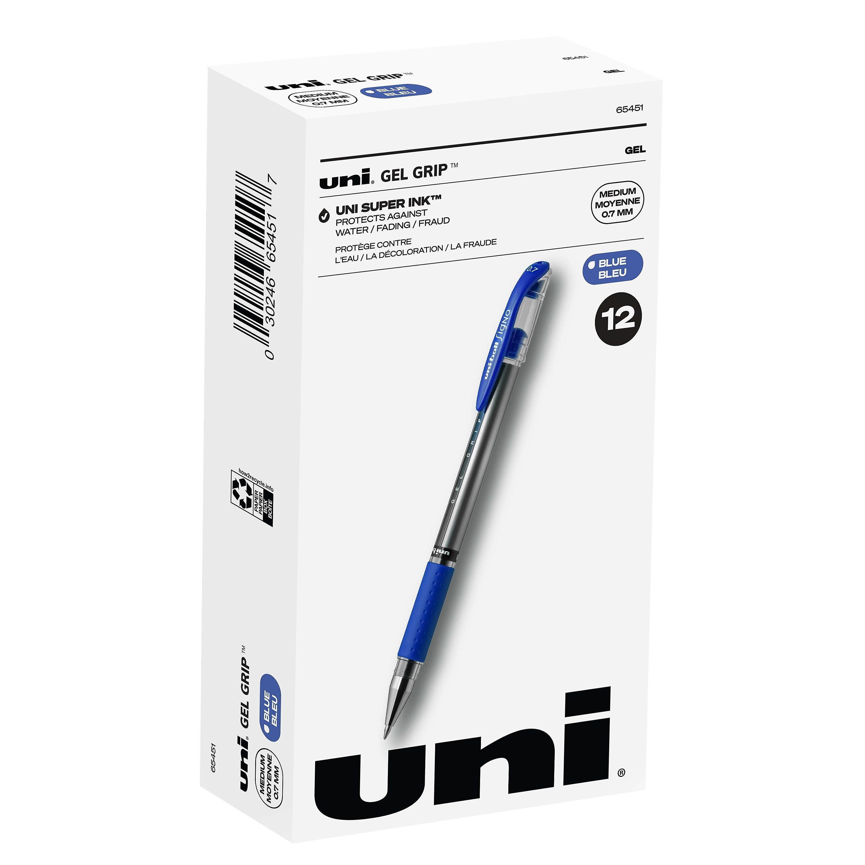 uniball Gel Grip Gel Pens, Medium Point, 0.7mm, Blue Ink, 12/Pack