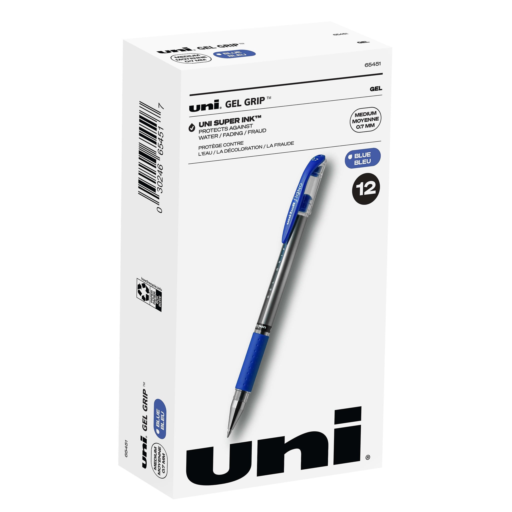 uniball Gel Grip Gel Pens, Medium Point, 0.7mm, Blue Ink, 12/Pack