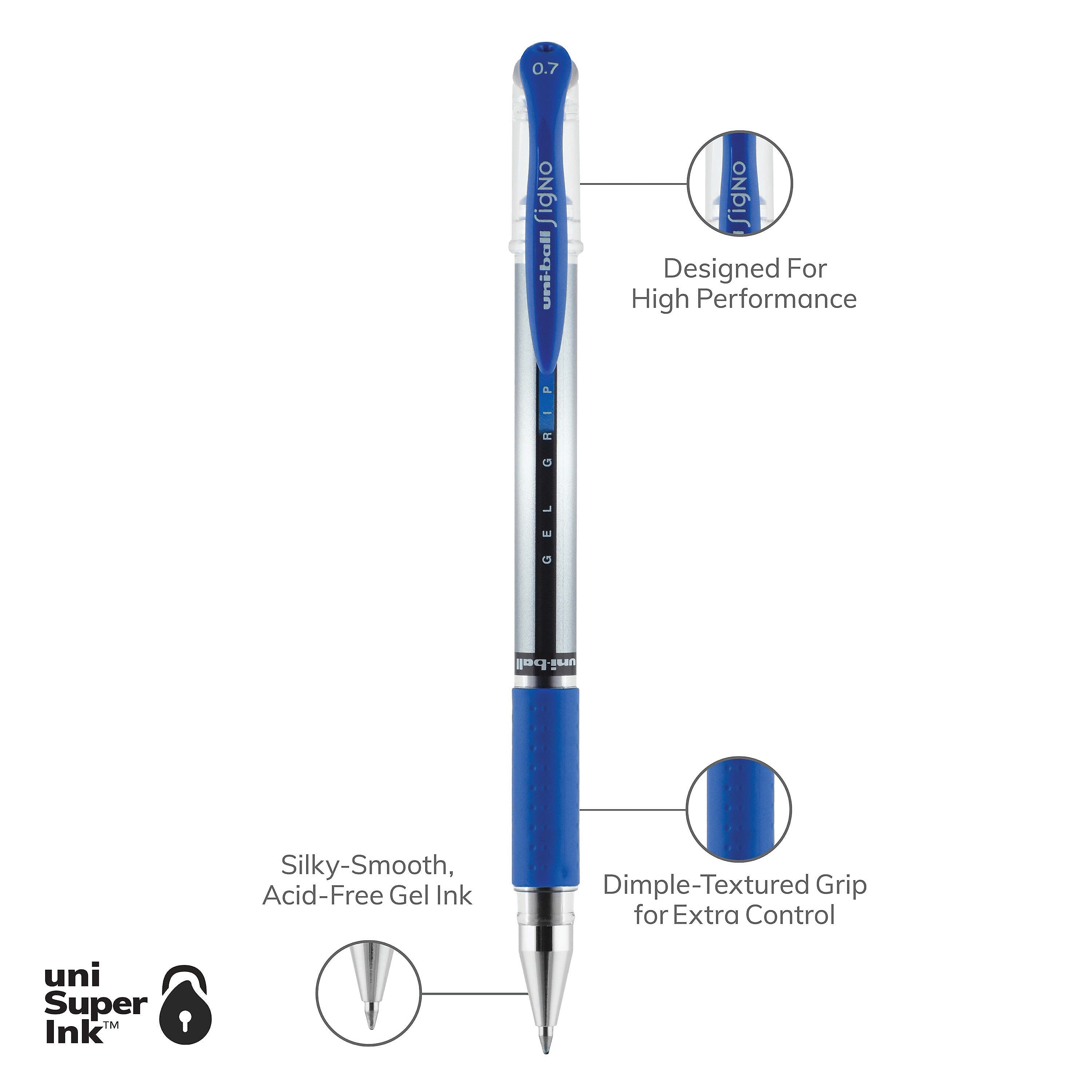 uniball Gel Grip Gel Pens, Medium Point, 0.7mm, Blue Ink, 12/Pack