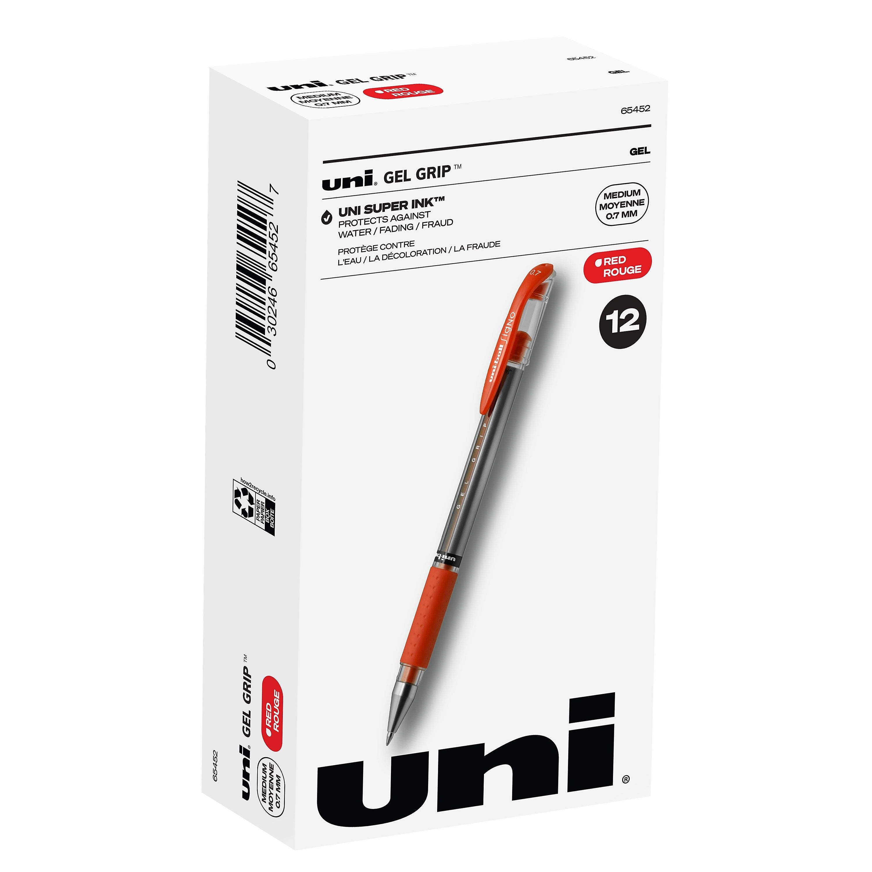 uniball Gel Grip Gel Pens, Medium Point, 0.7mm, Red Ink, 12/Pack