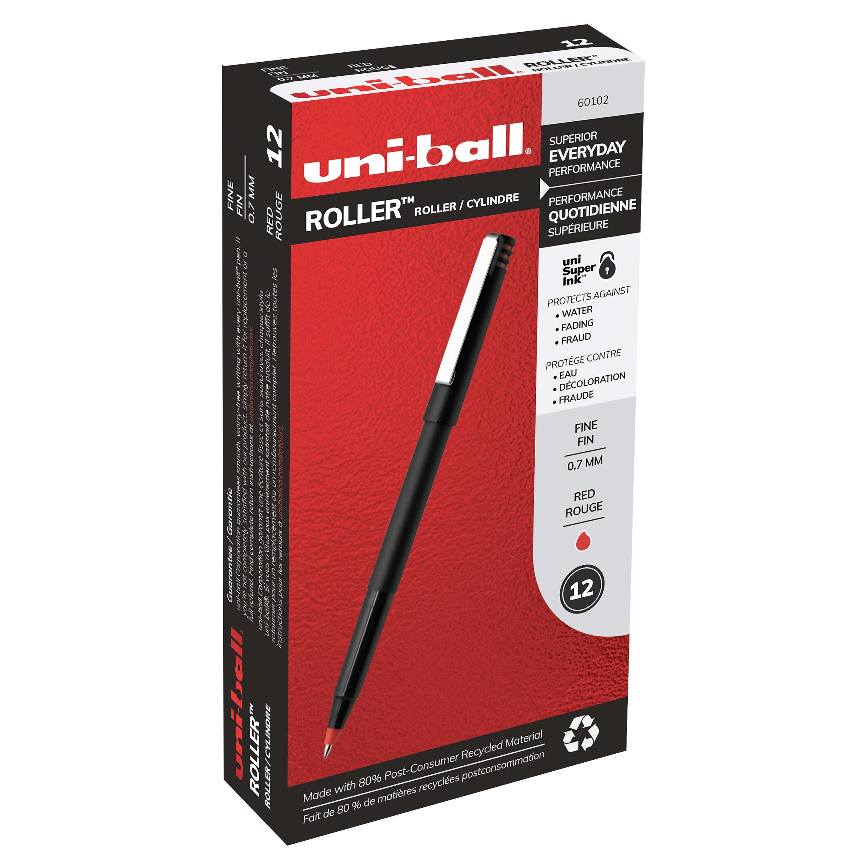 uniball Roller Rollerball Pens, Fine Point, 0.7mm, Red Ink, Dozen