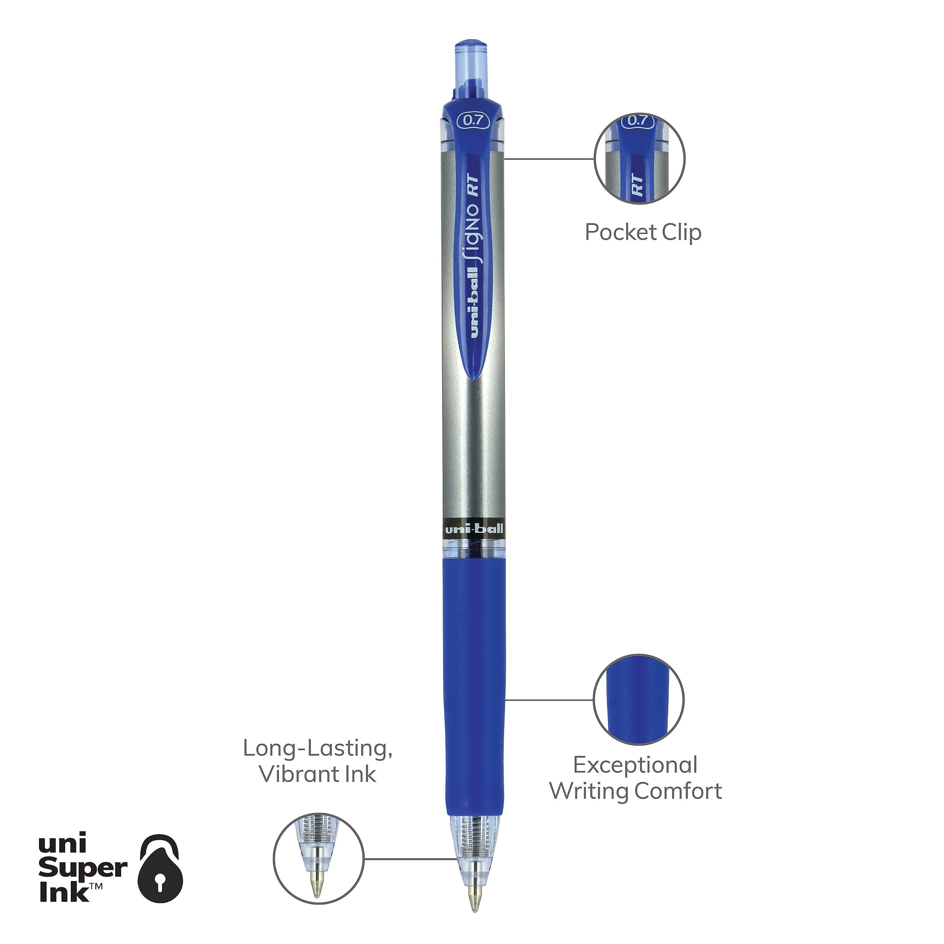 uniball Signo RT Gel Pens, Medium Point, 0.7mm, Blue Ink, Dozen