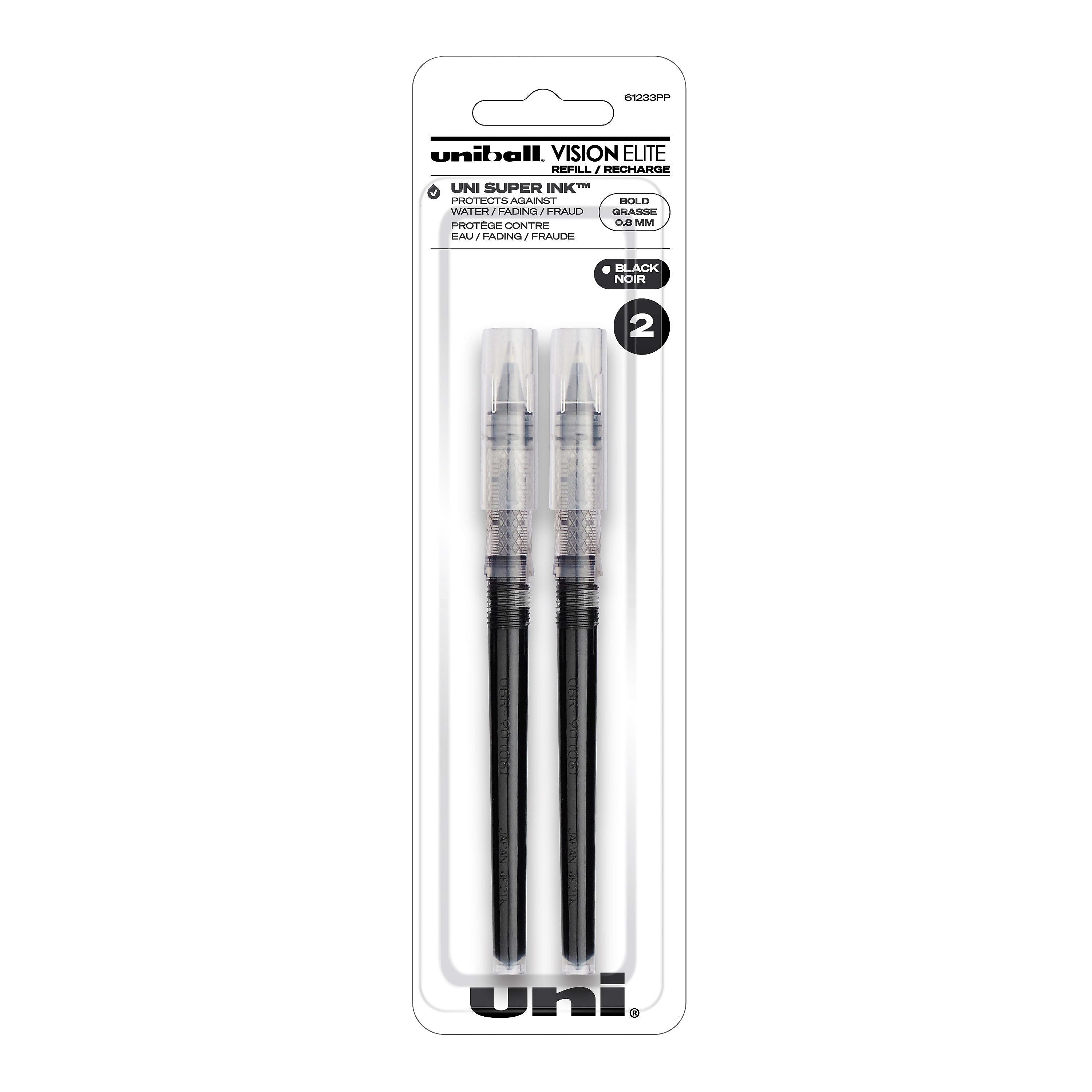 uniball Vision Elite Rollerball Pen Refills, Bold Point, 0.8mm, Black Ink, 2/Pack