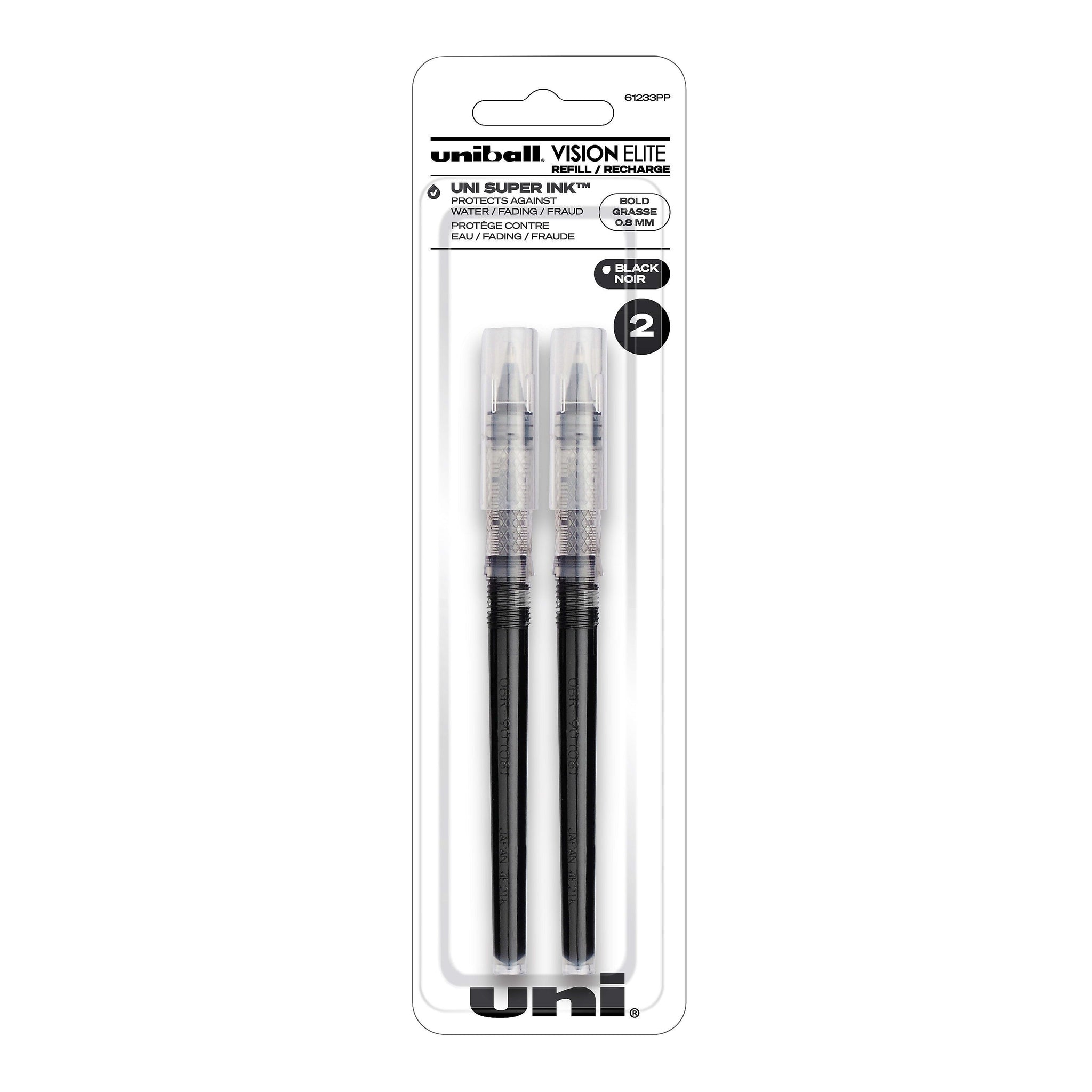 uniball Vision Elite Rollerball Pen Refills, Bold Point, 0.8mm, Black Ink, 2/Pack