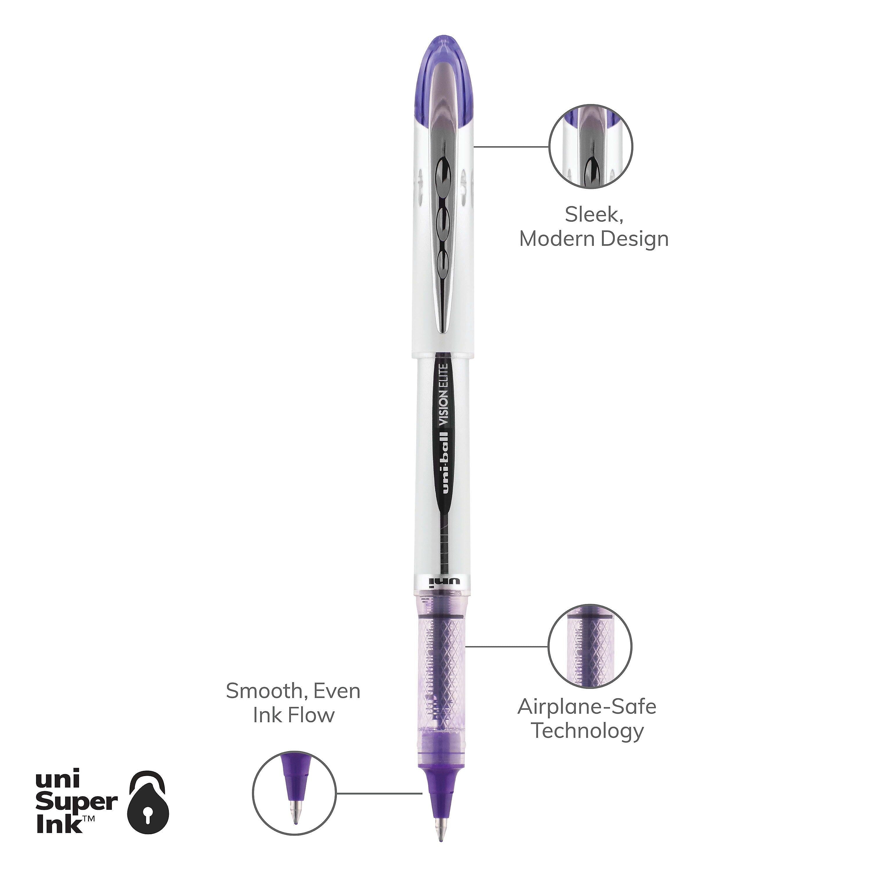 uniball Vision Elite Rollerball Pens, Bold Point, 0.8mm, Purple Ink