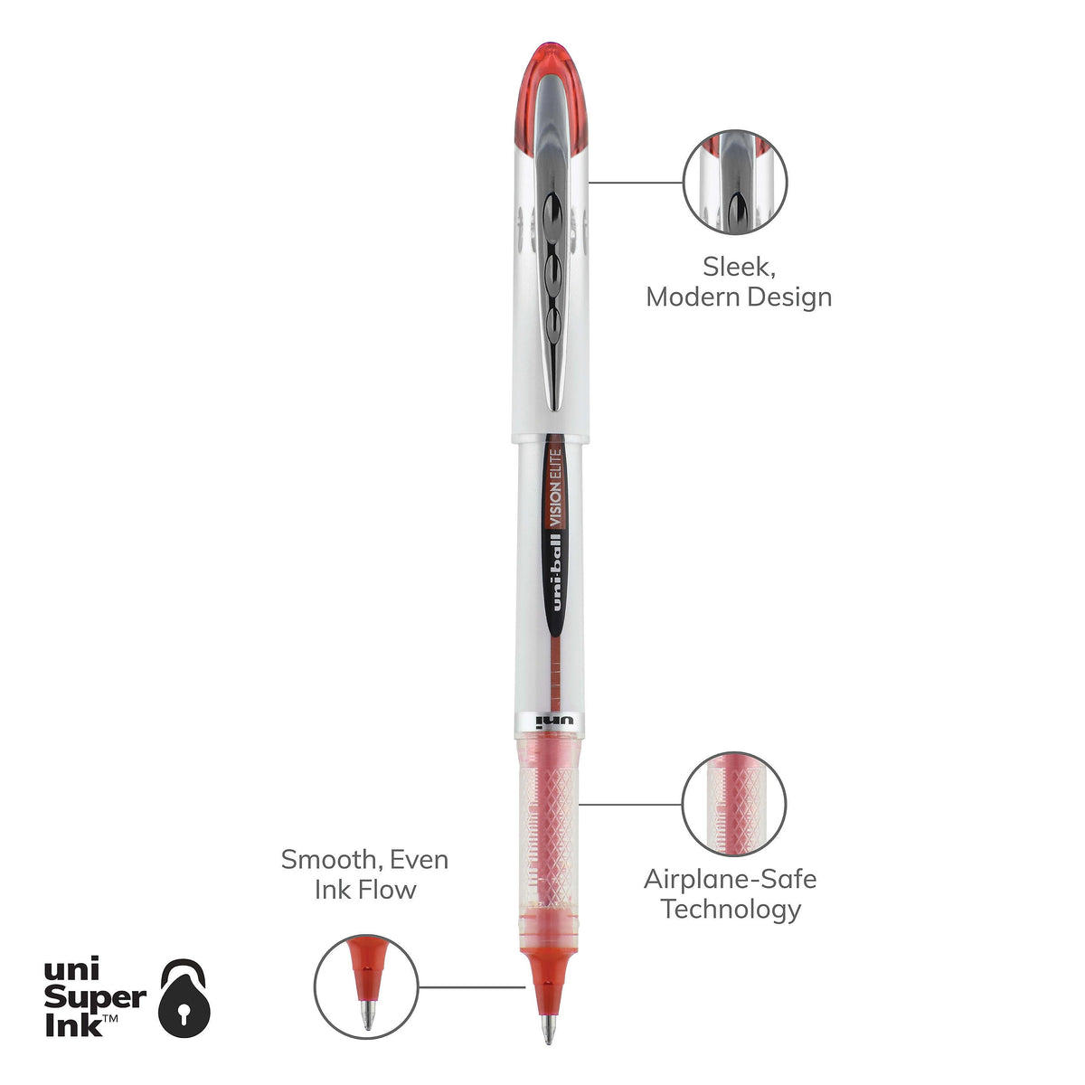 uniball Vision Elite Rollerball Pens, Bold Point, 0.8mm, Red Ink