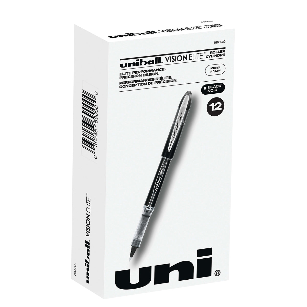 uniball Vision Elite Rollerball Pens, Micro Point, 0.5mm, Black Ink, 12/Pack