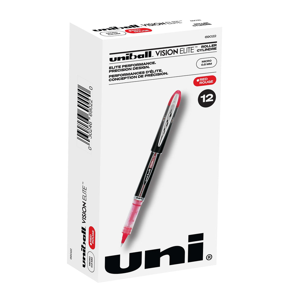 uniball Vision Elite Rollerball Pens, Micro Point, 0.5mm, Red Ink, Dozen