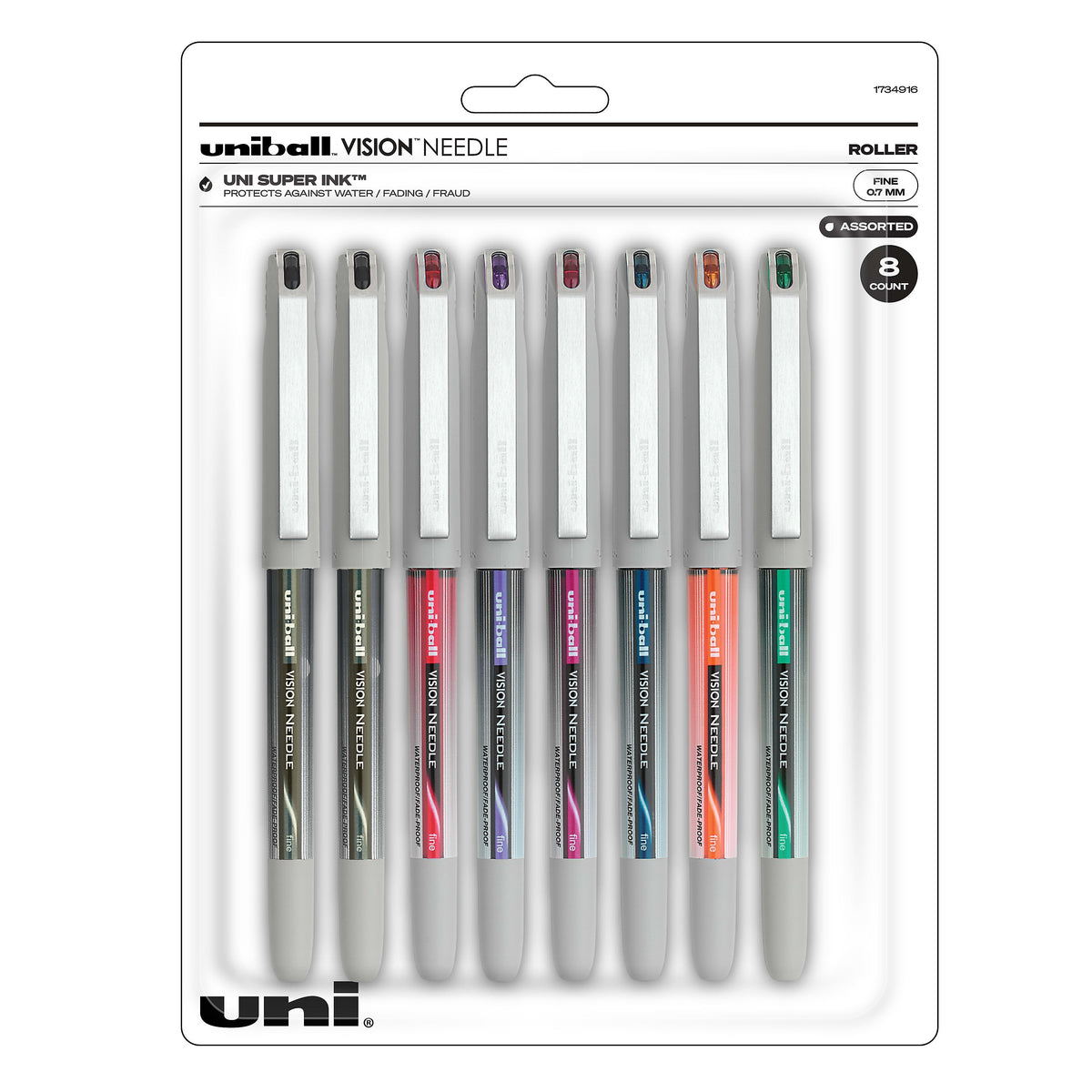 uniball Vision Needle Rollerball Pens, Fine Point, 0.7mm, Assorted Ink, 8/Pack