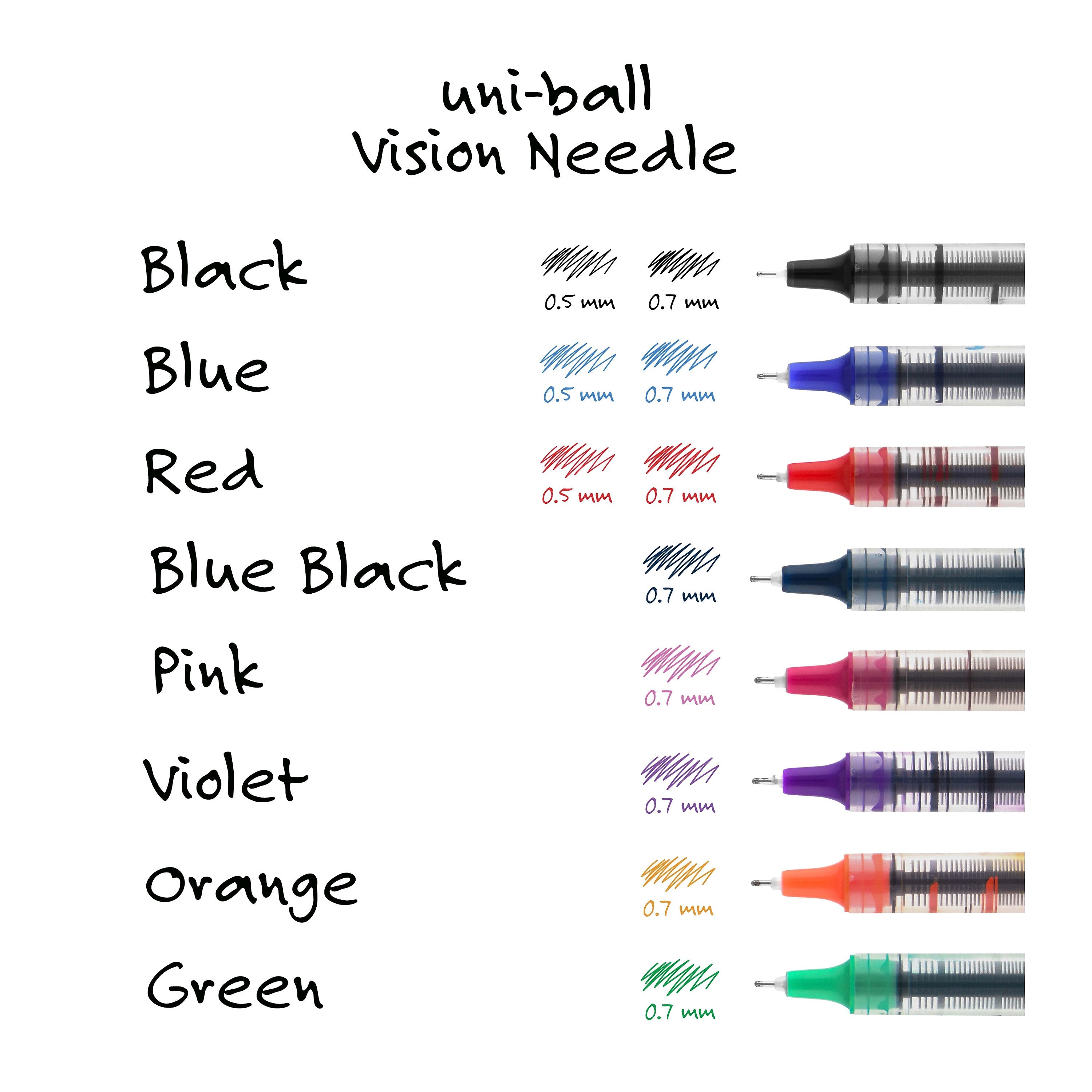 uniball Vision Needle Rollerball Pens, Fine Point, 0.7mm, Assorted Ink, 8/Pack